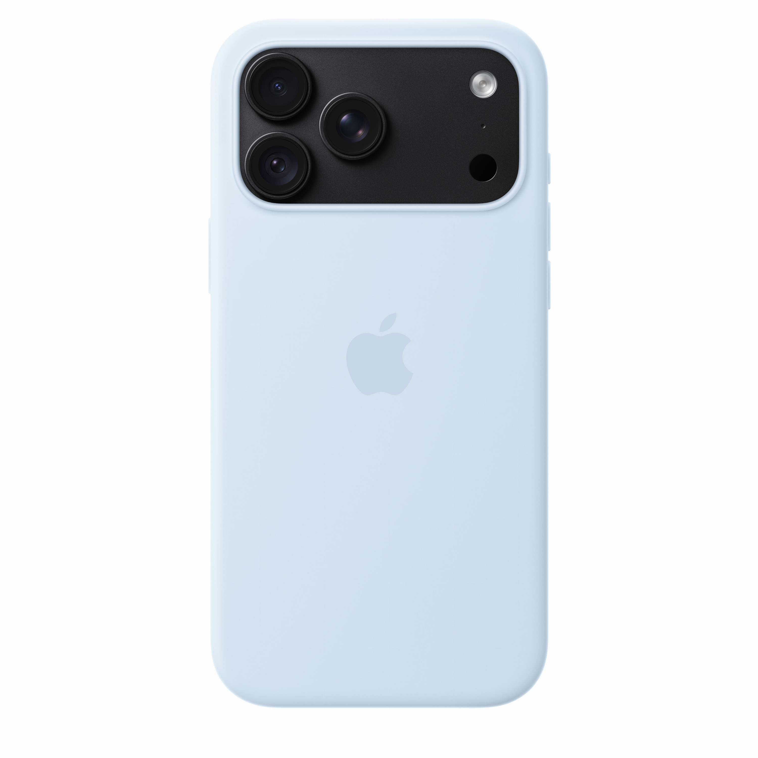 Eine hellblaue Handyhülle auf einem iPhone, Rückseite mit schwarzem Kameramodul und Apple-Logo.
