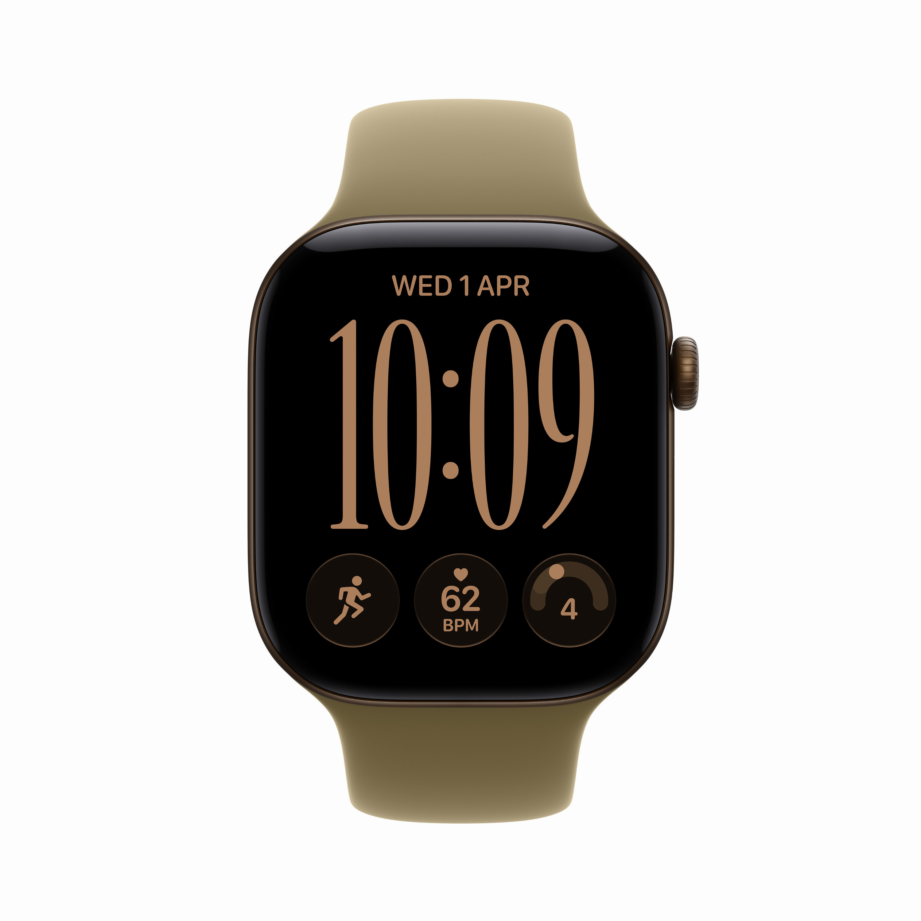 Uno smartwatch verde oliva mostra le 10:09, la data, la frequenza cardiaca e i dati di attività su uno schermo nero.