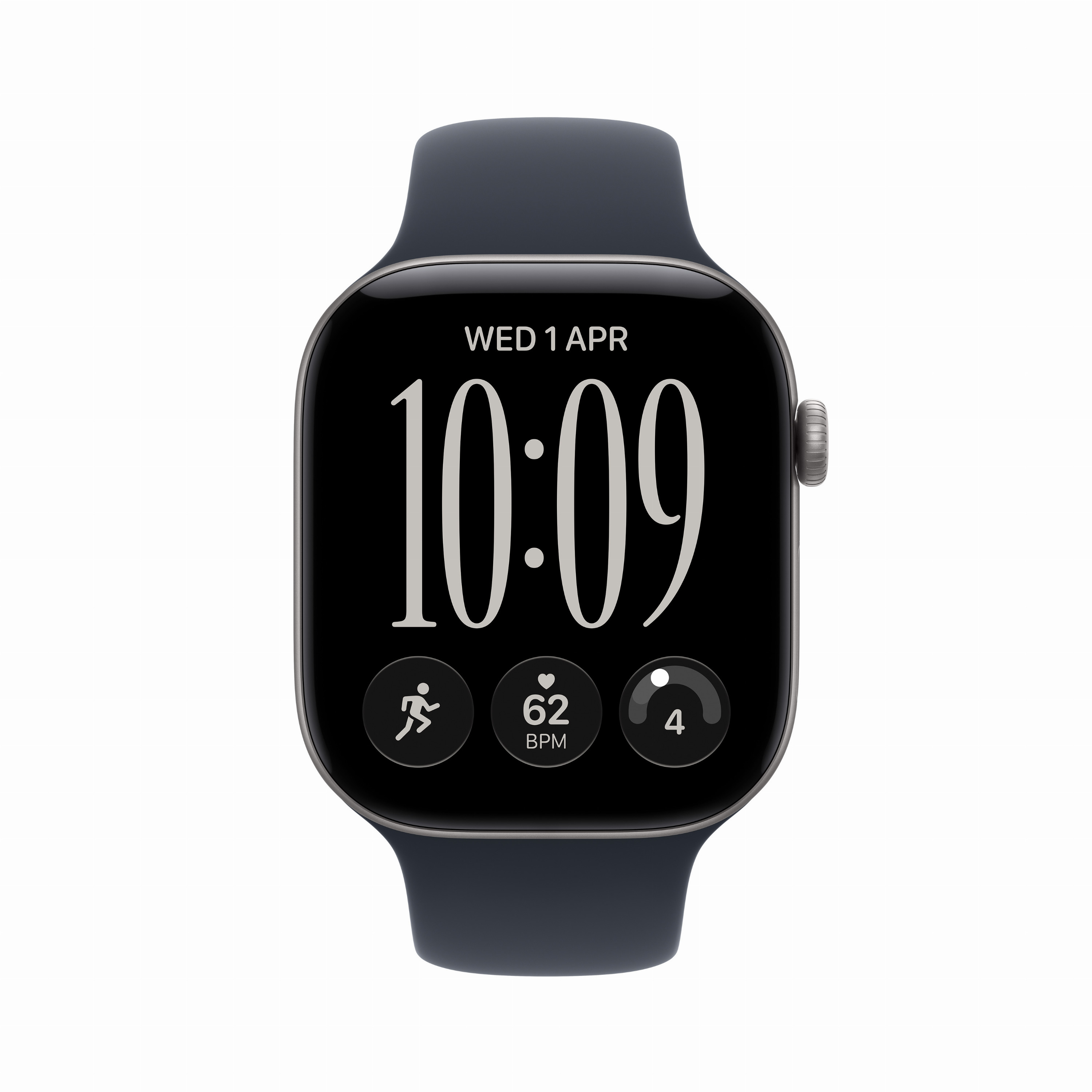 Uno smartwatch nero con cinturino grigio scuro mostra la data e le 10:09 sullo schermo.
