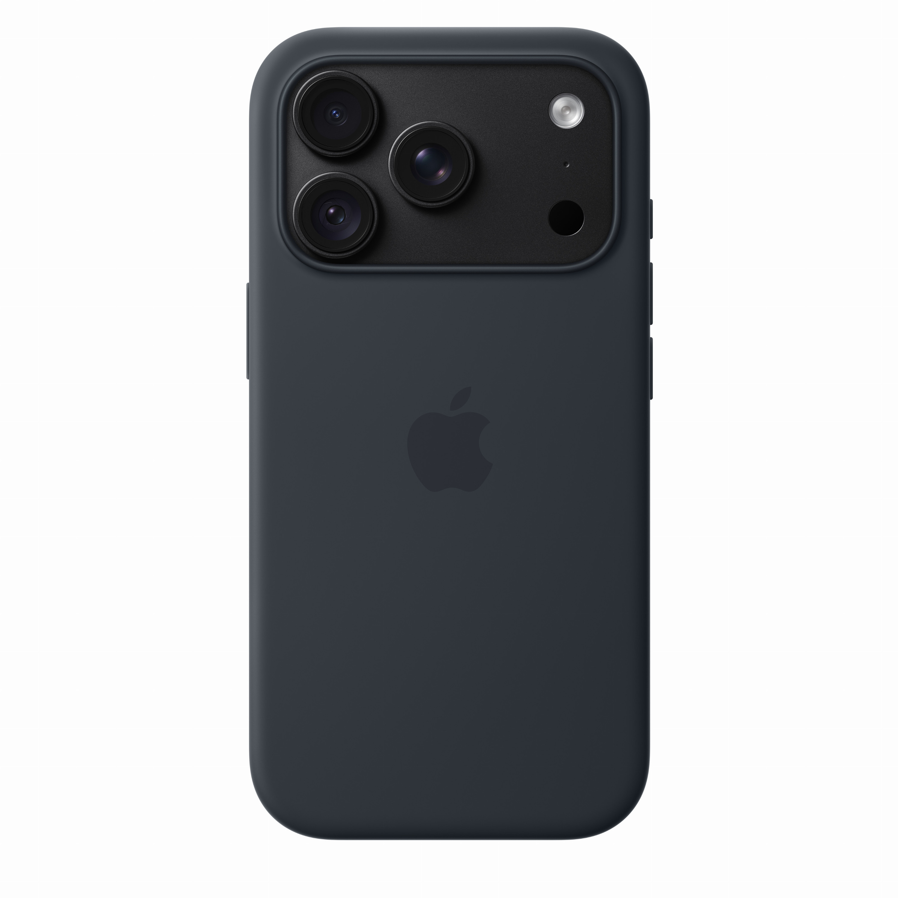 Parte trasera de un iPhone negro con funda protectora, triple cámara y logotipo de Apple.