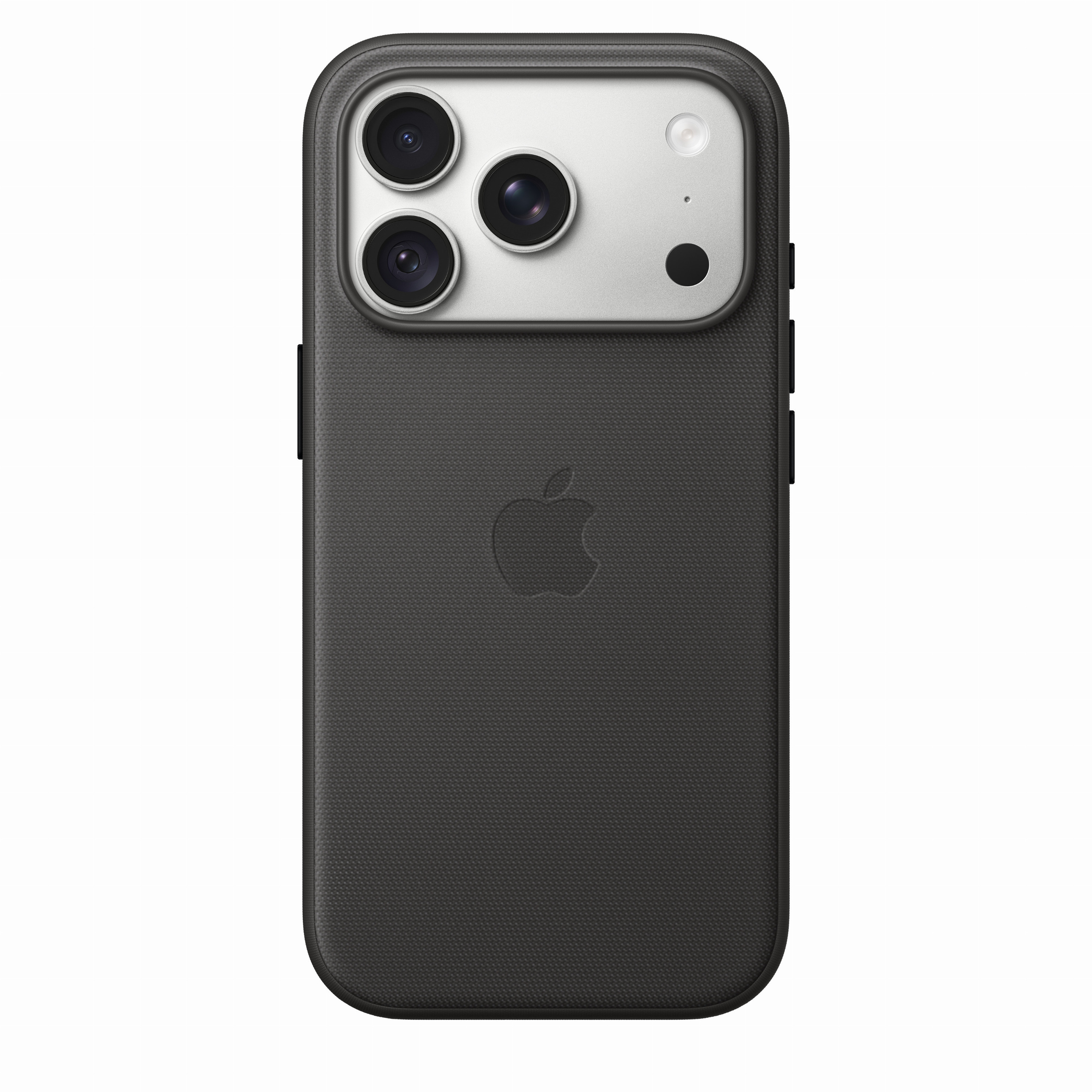 Parte trasera de un iPhone negro con funda texturizada, logo de Apple y módulo de cámara plateado arriba.