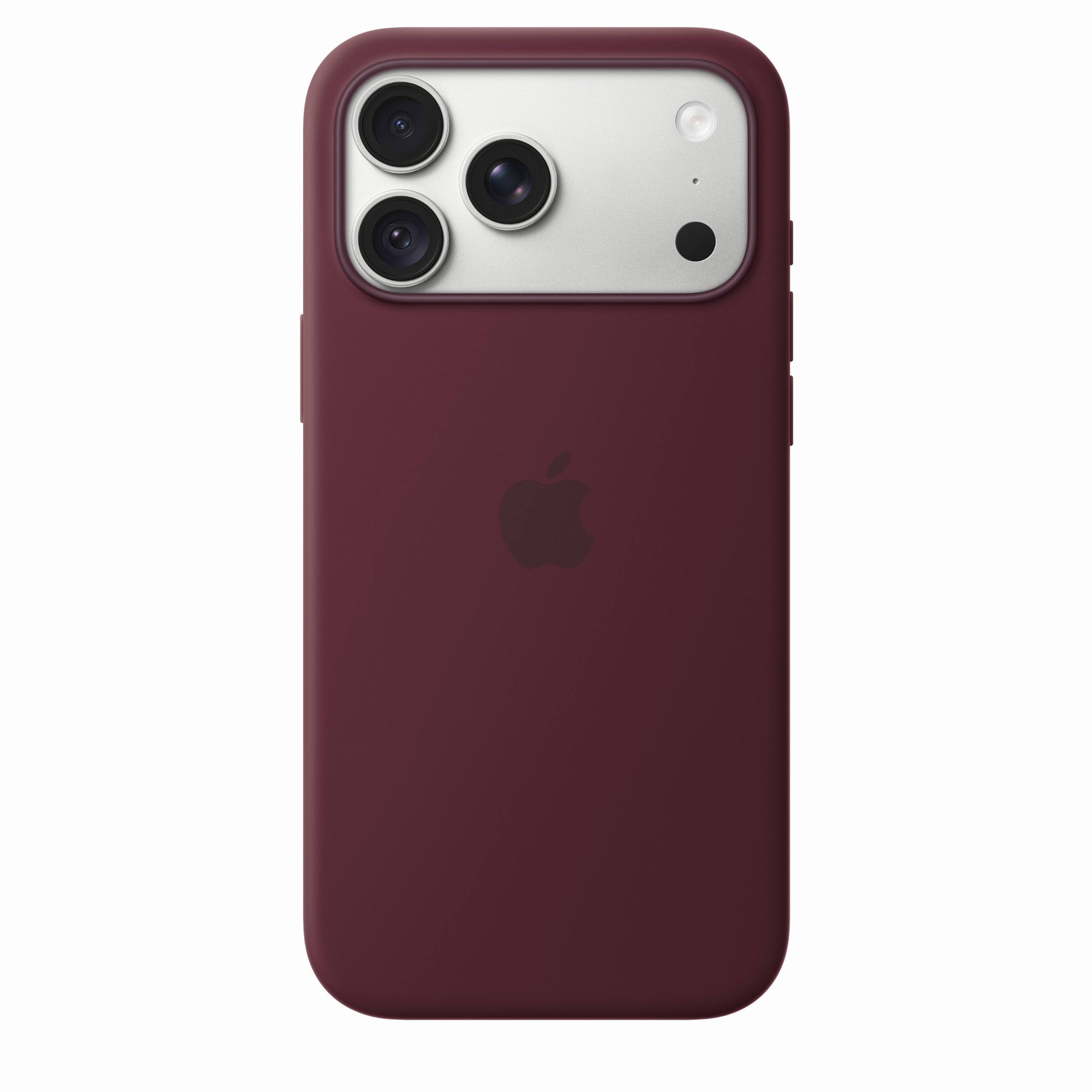 Een bordeauxrode smartphone in een hoesje met drie camera's en het Apple-logo.