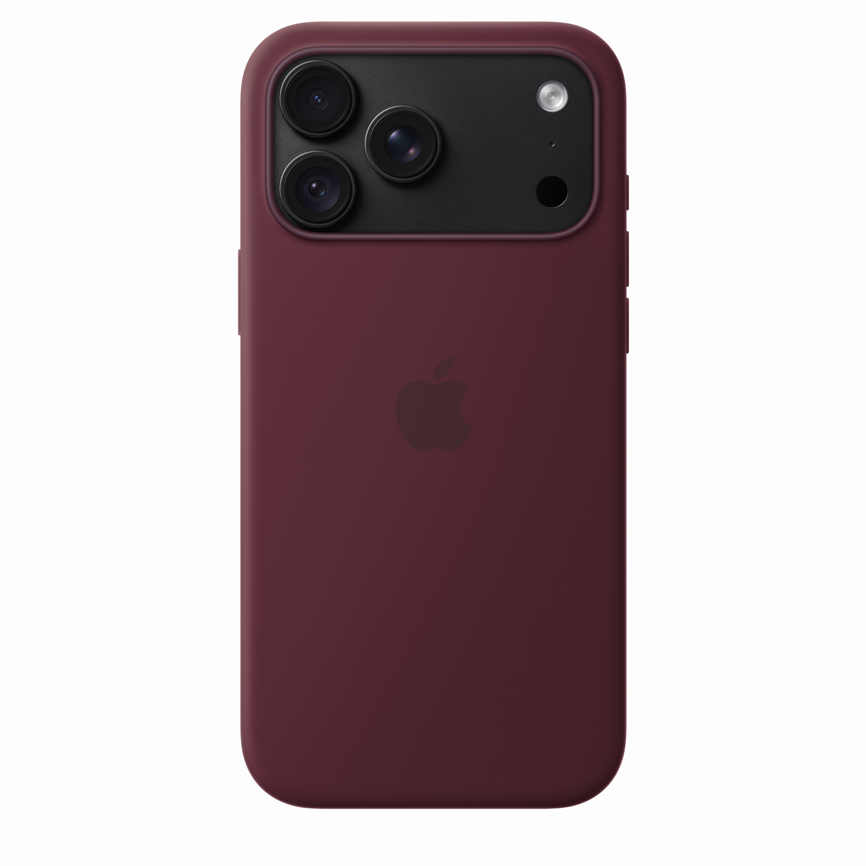 Achterkant van een donkerrode smartphone met een vierkante cameramodule bovenop en een Apple-logo in het midden.