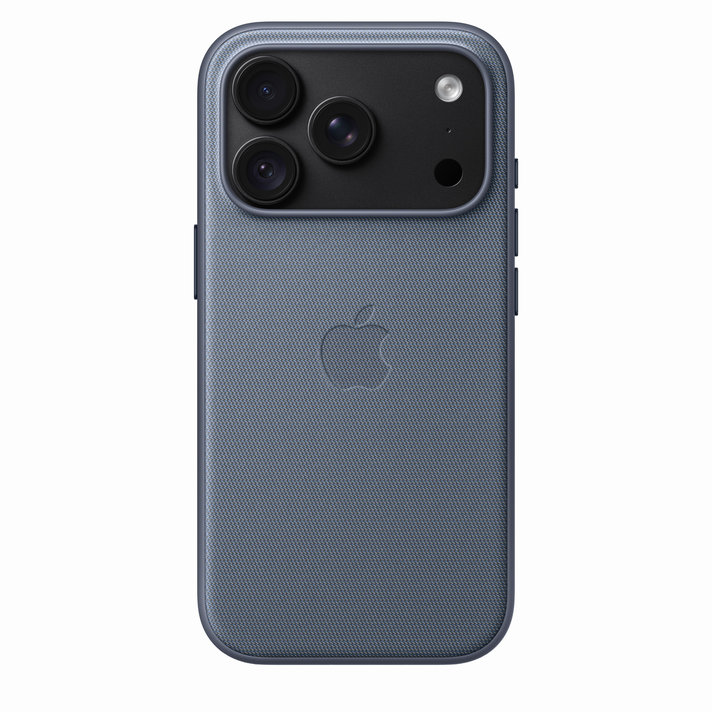 Parte trasera de un smartphone azul con funda texturizada, módulo de triple cámara y logo de Apple.