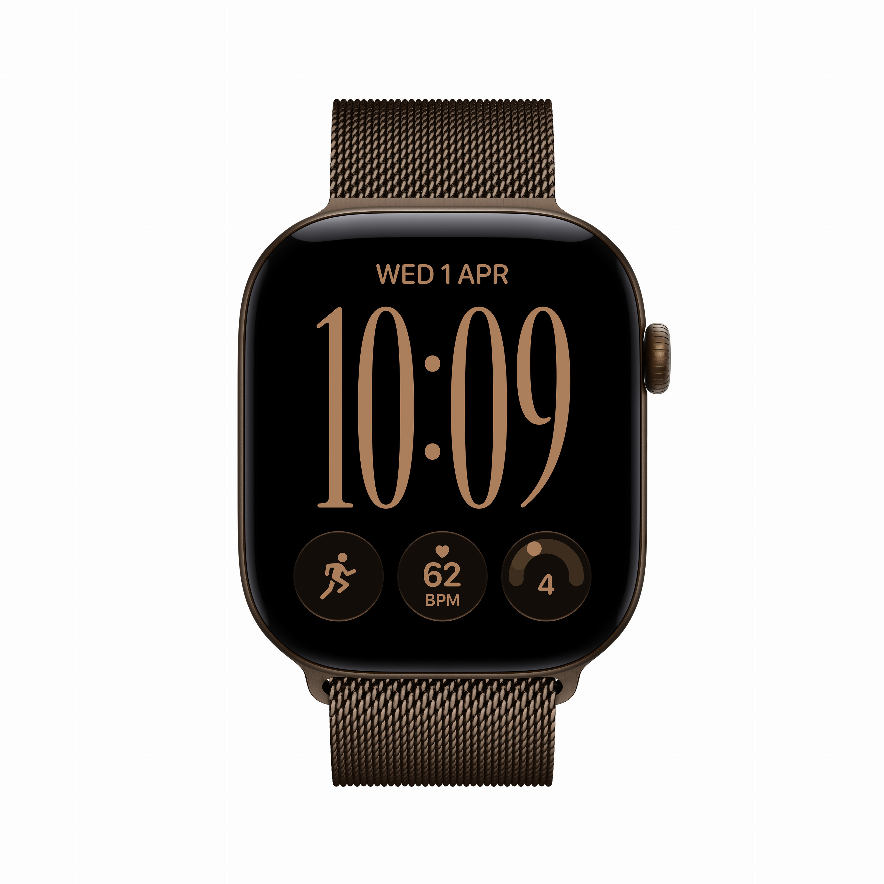Uno smartwatch marrone con cinturino in maglia mostra l'ora 10:09, la data e i dati di fitness su schermo nero.