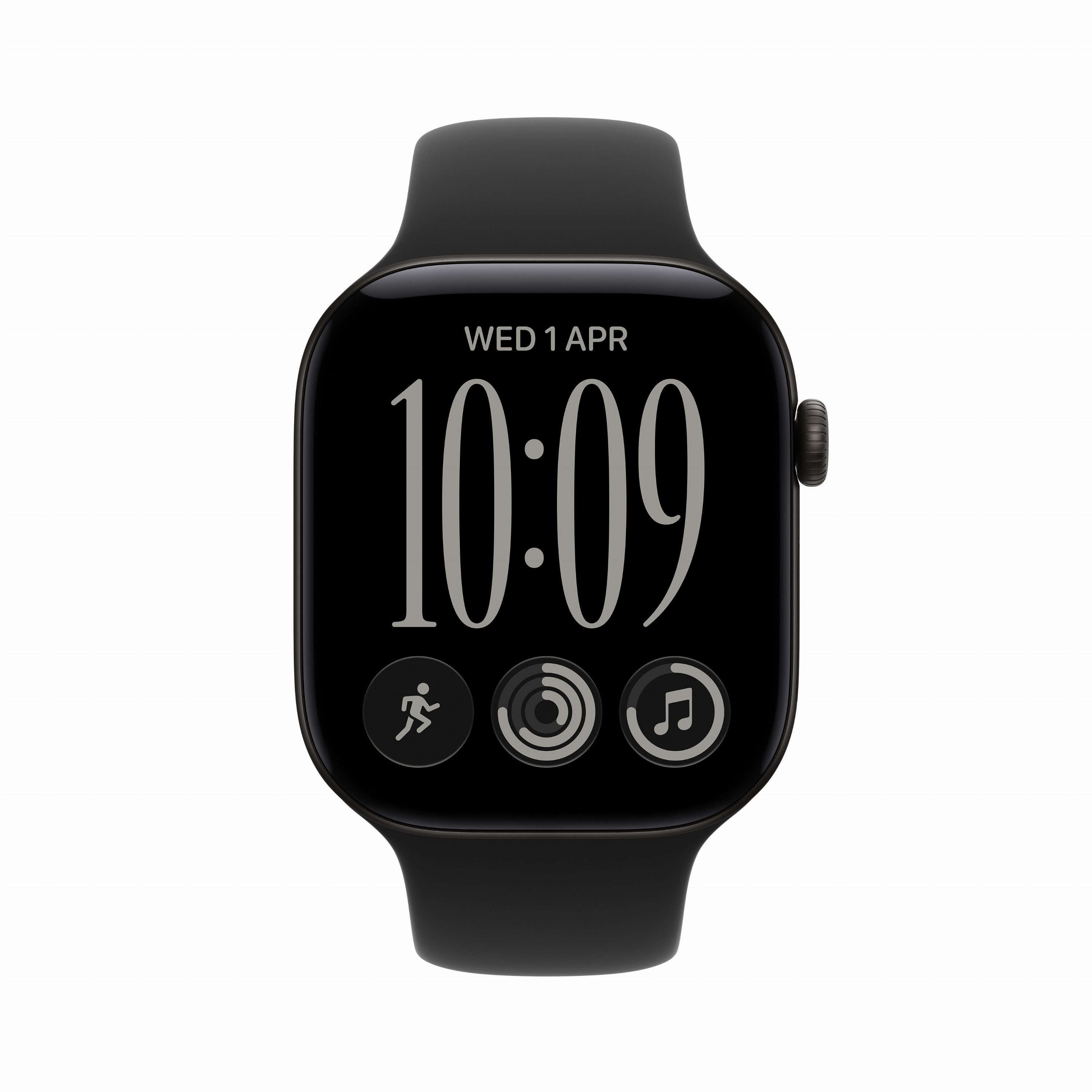 Uno smartwatch nero con display digitale che mostra le 10:09, mercoledì 1 aprile, e tre icone in basso.