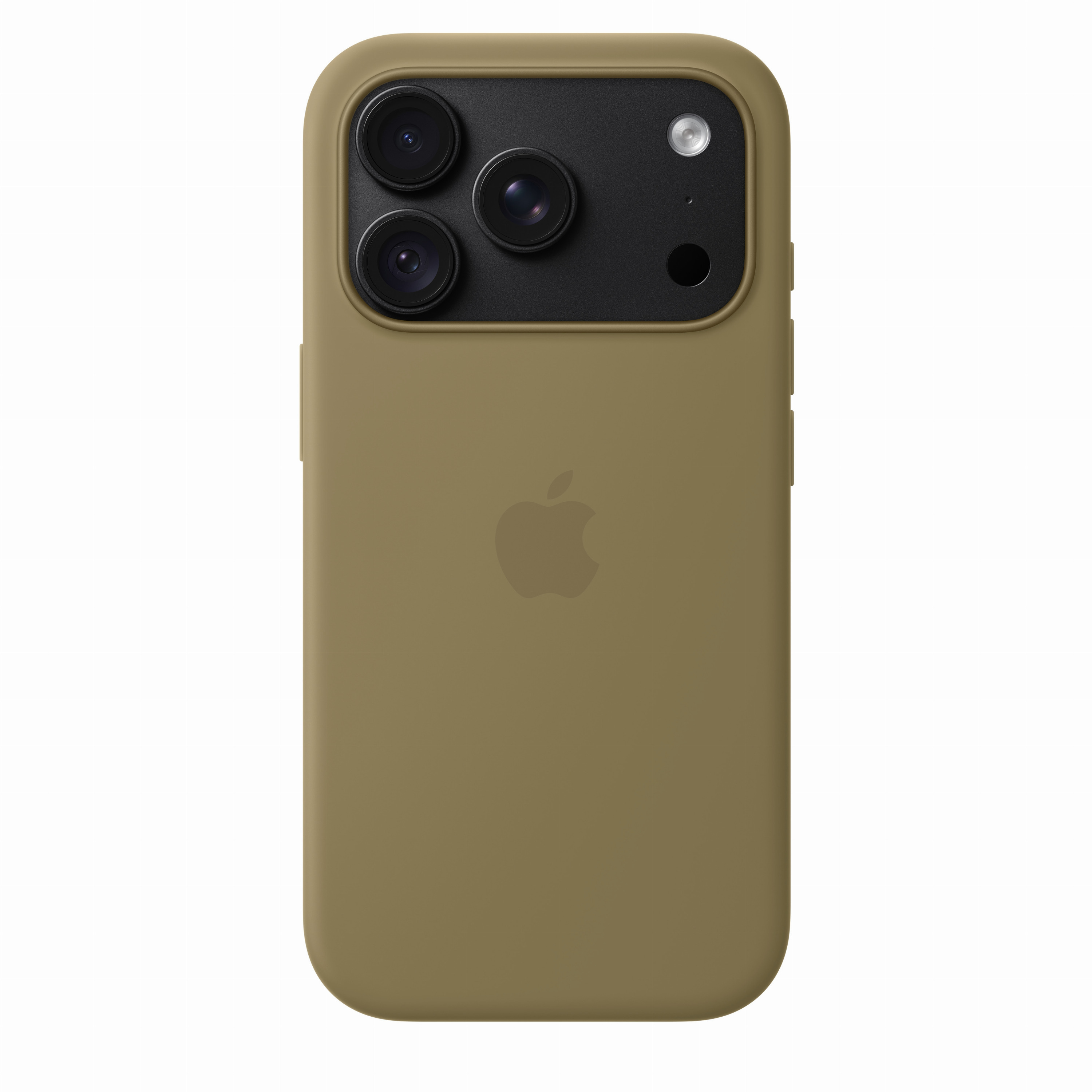 Coque de smartphone vert olive avec module photo noir et logo Apple au dos.
