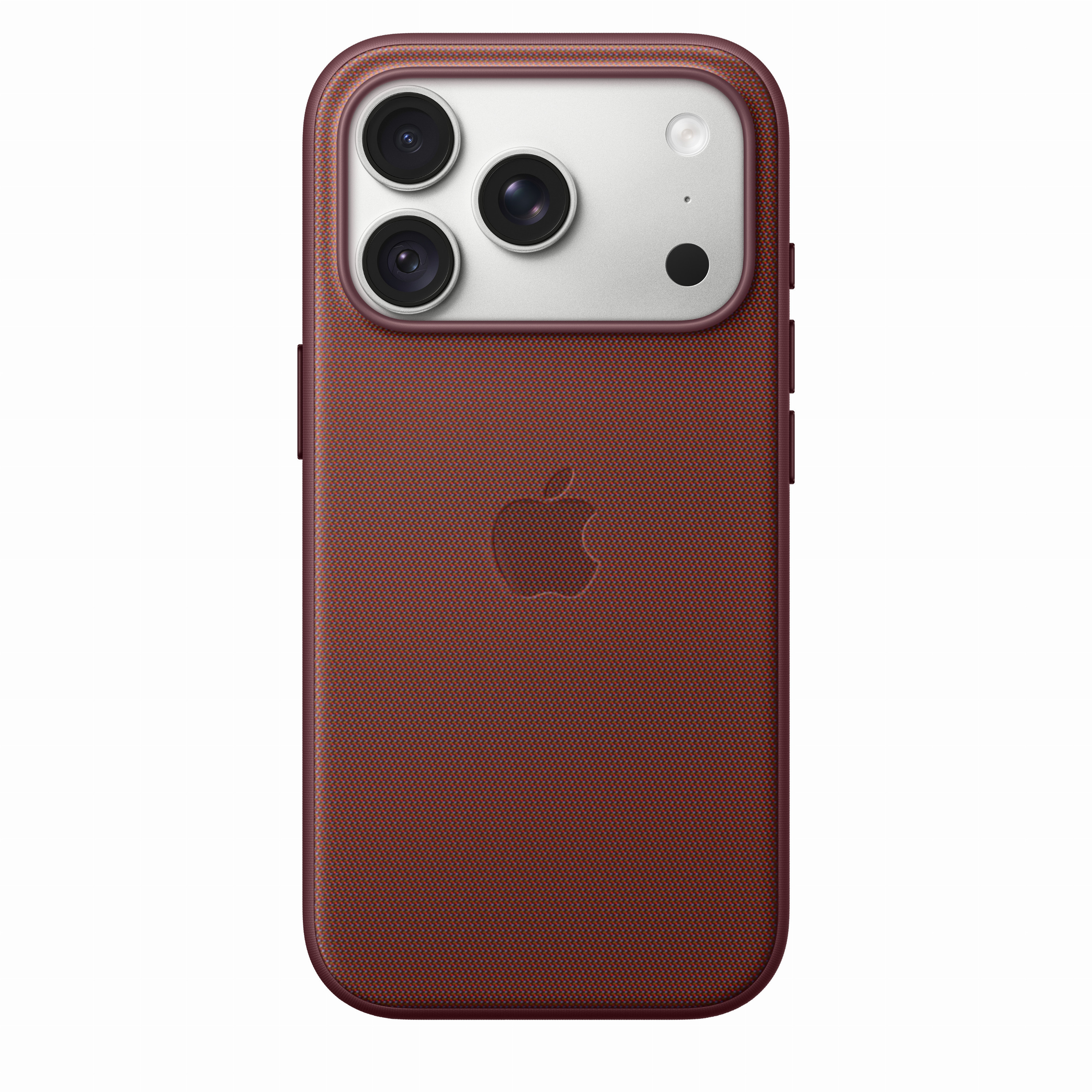 Retro di uno smartphone in una custodia marrone testurizzata, con tre fotocamere e logo Apple.