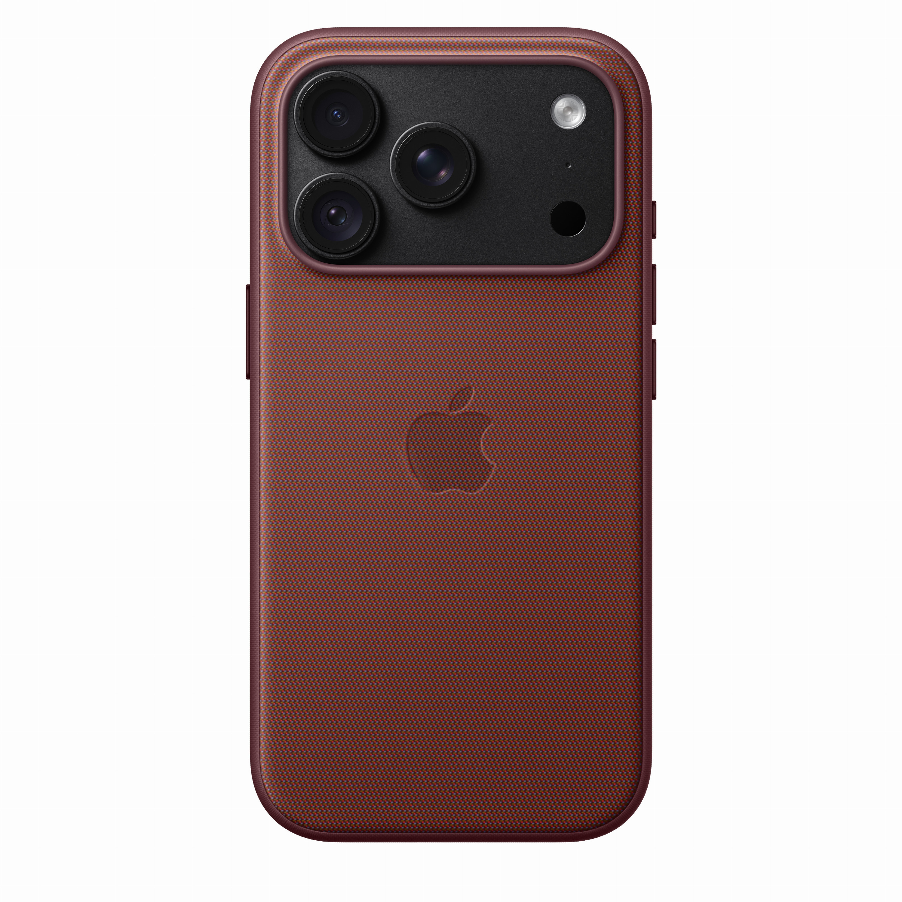 Retro di uno smartphone in una custodia marrone testurizzata, con tre fotocamere e il logo Apple.