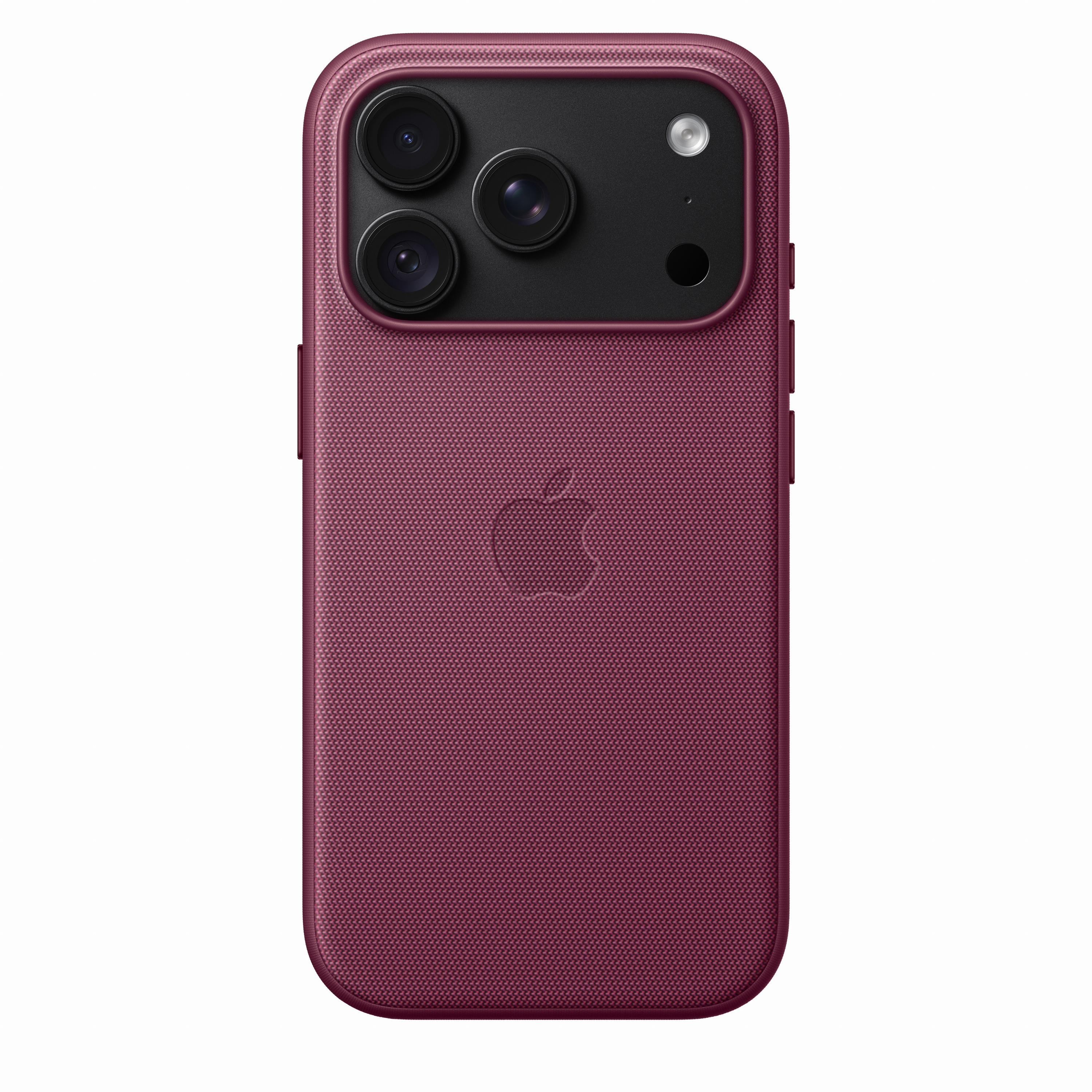Retro di uno smartphone in una custodia intrecciata rossa, con tripla fotocamera e logo Apple.
