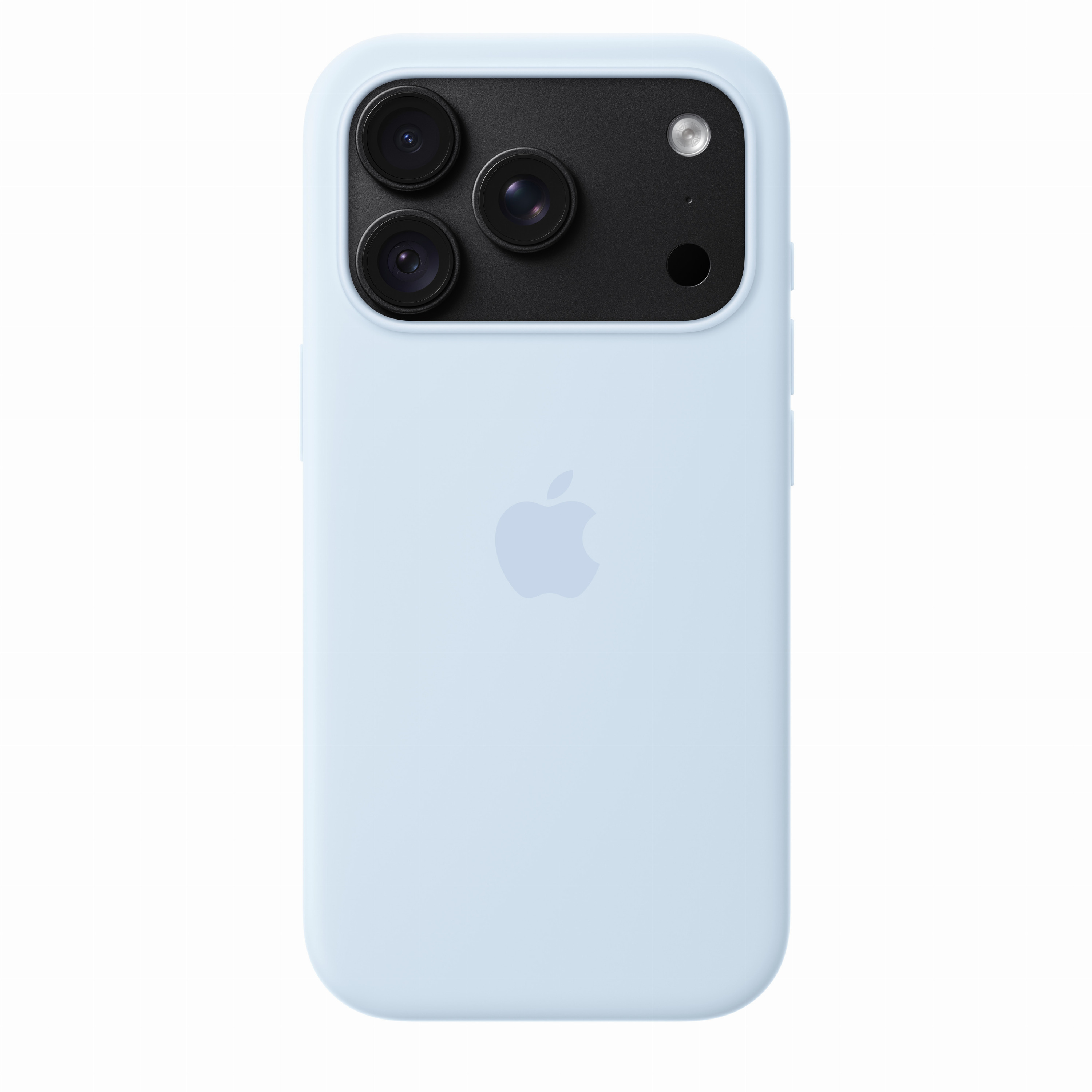 iPhone bleu clair avec triple capteur photo dans un module noir et logo Apple.