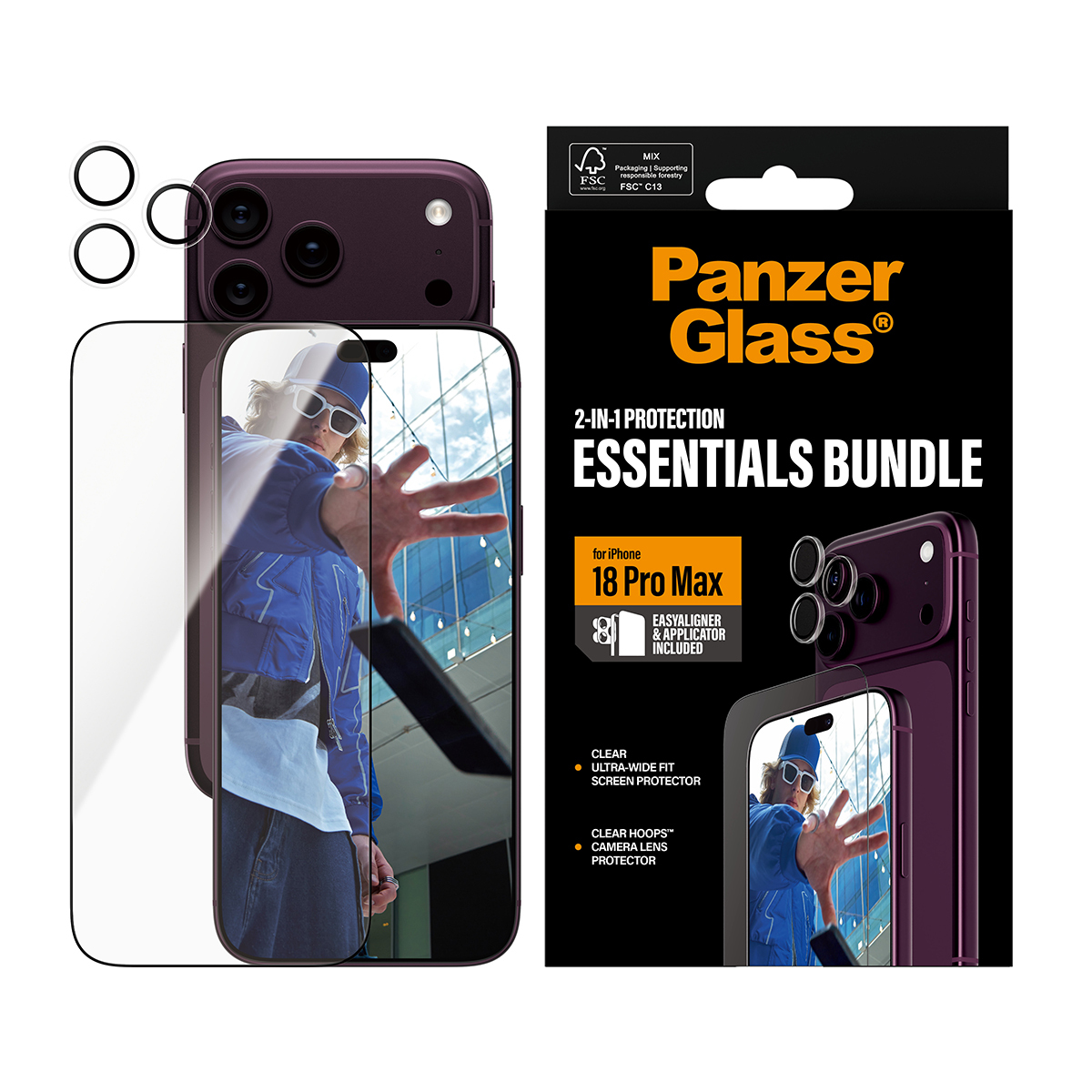 iPhone 18 Pro Max için ekran koruyucu ve kamera halkaları içeren PanzerGlass Essentials Paketi.