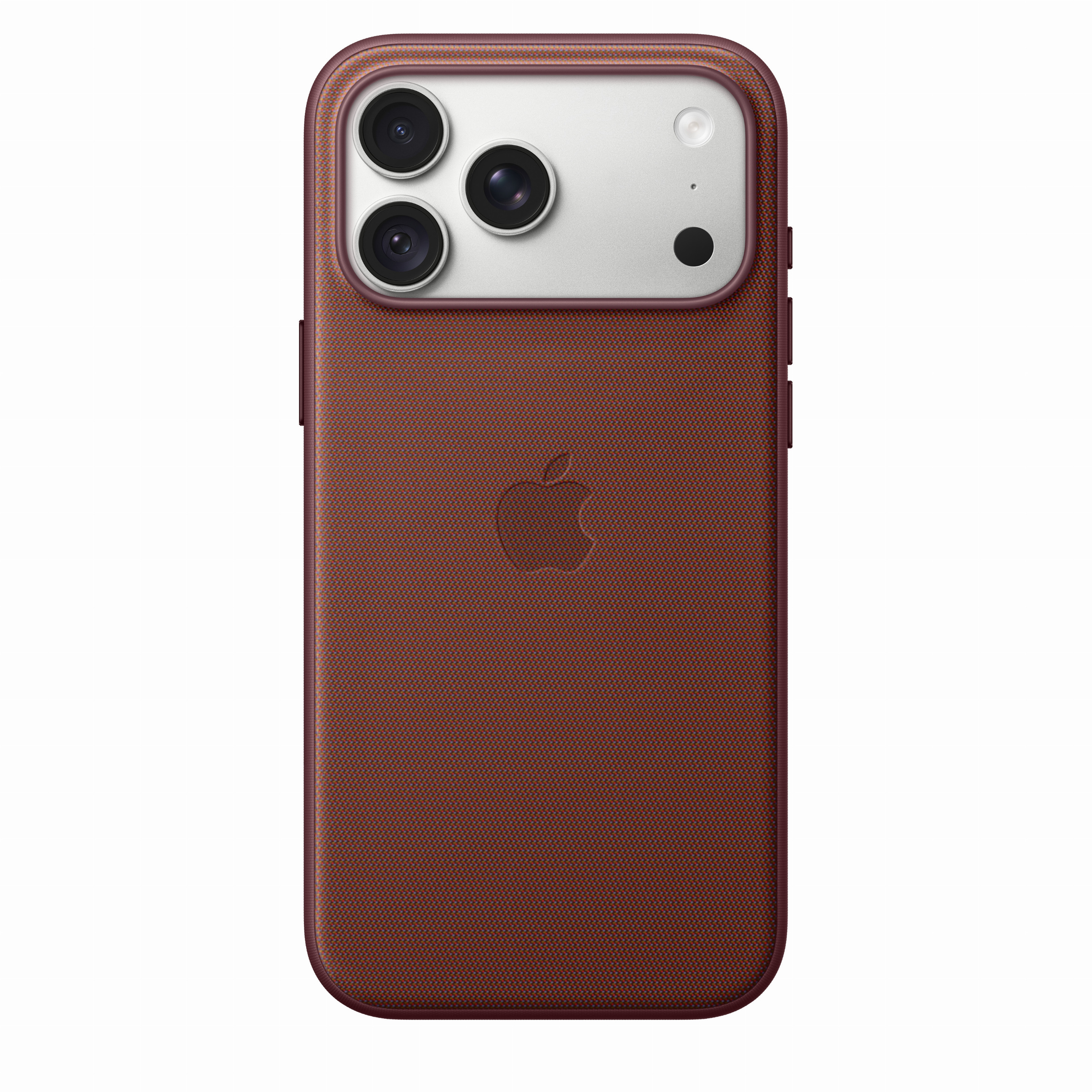 Parte trasera de un smartphone en funda textil marrón con tres cámaras y logotipo de Apple.
