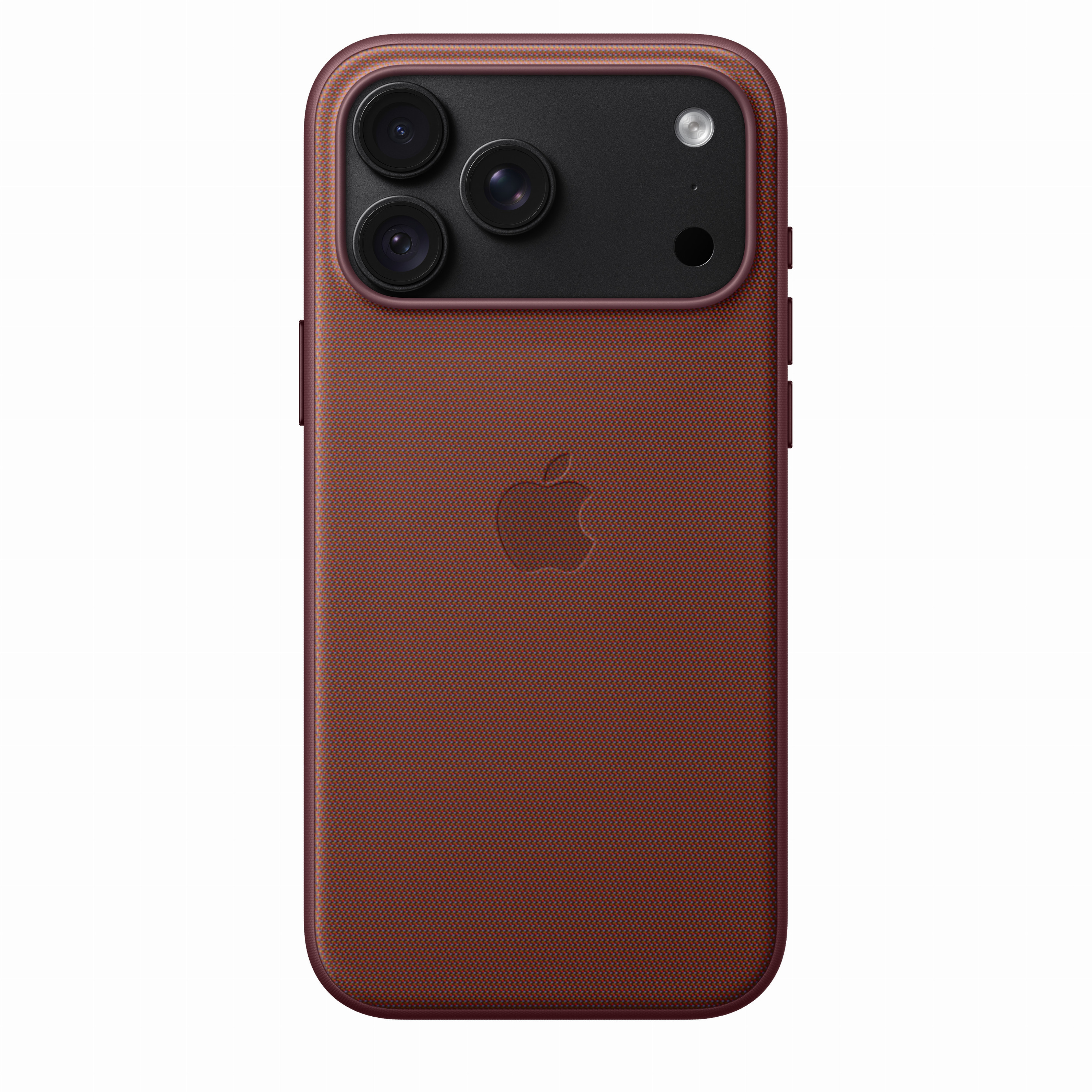 Parte trasera de un smartphone marrón texturizado con triple cámara y logotipo de Apple centrado.