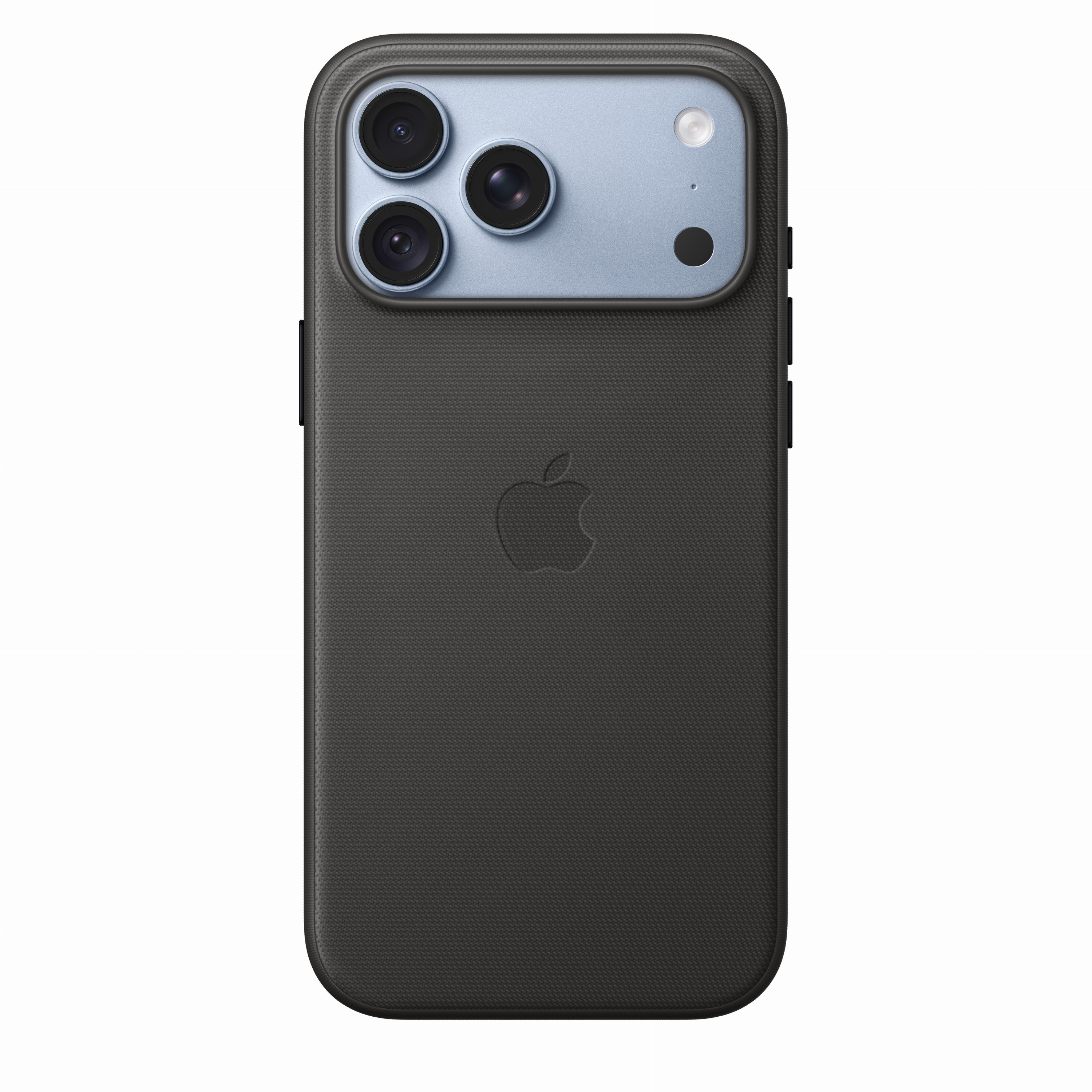 Dos d'un iPhone noir dans une coque de protection avec bloc photo bleu clair et logo Apple.