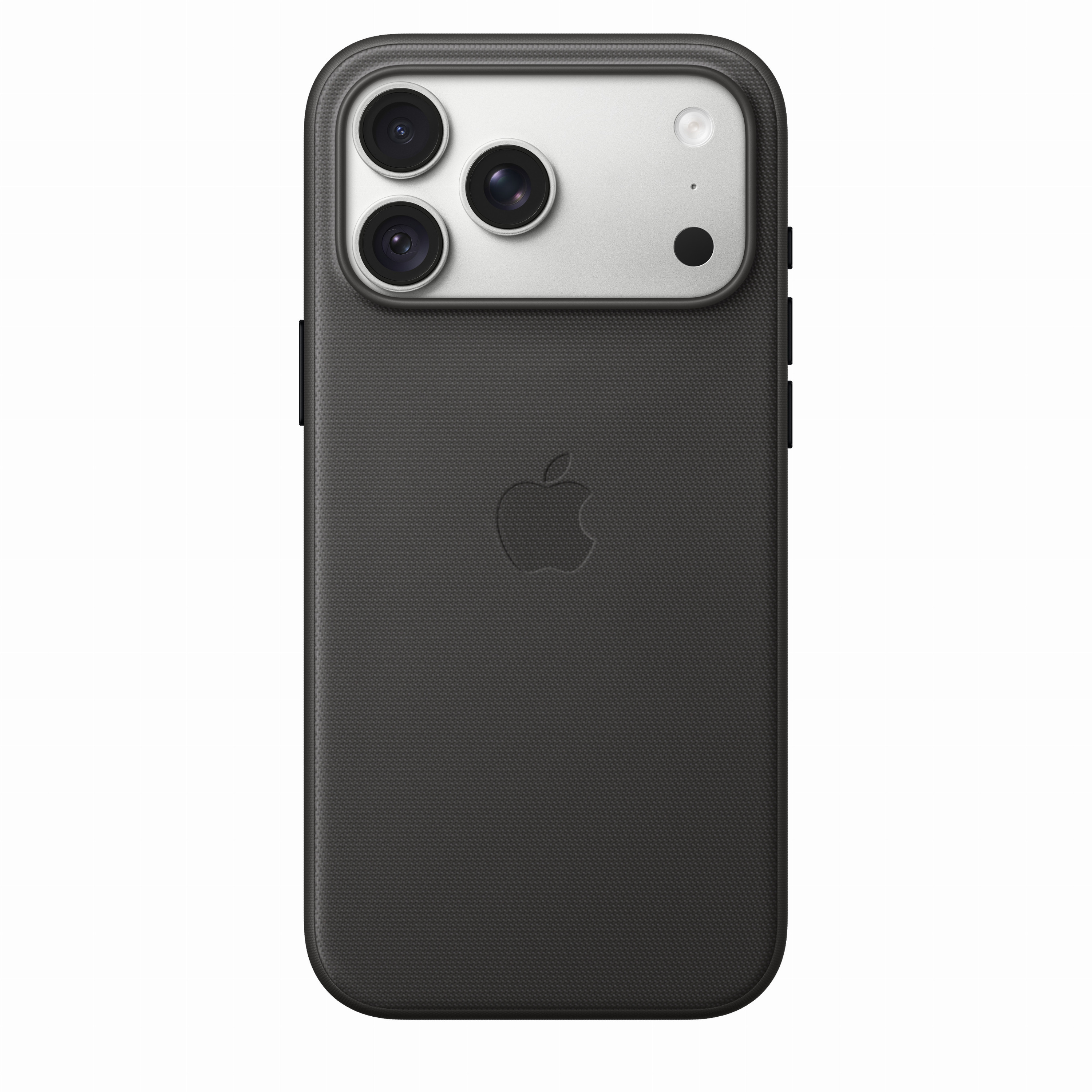 Dos d'un smartphone noir avec triple module caméra et logo Apple dans une coque texturée.