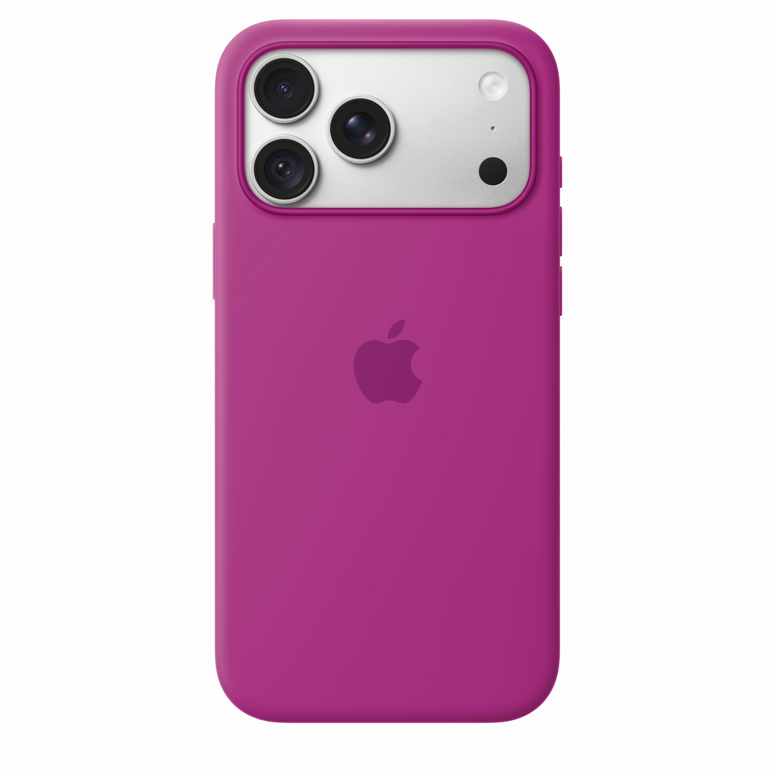 Rückseite einer pinken Smartphone-Hülle mit Apple-Logo und silbernem Kameramodul oben links.