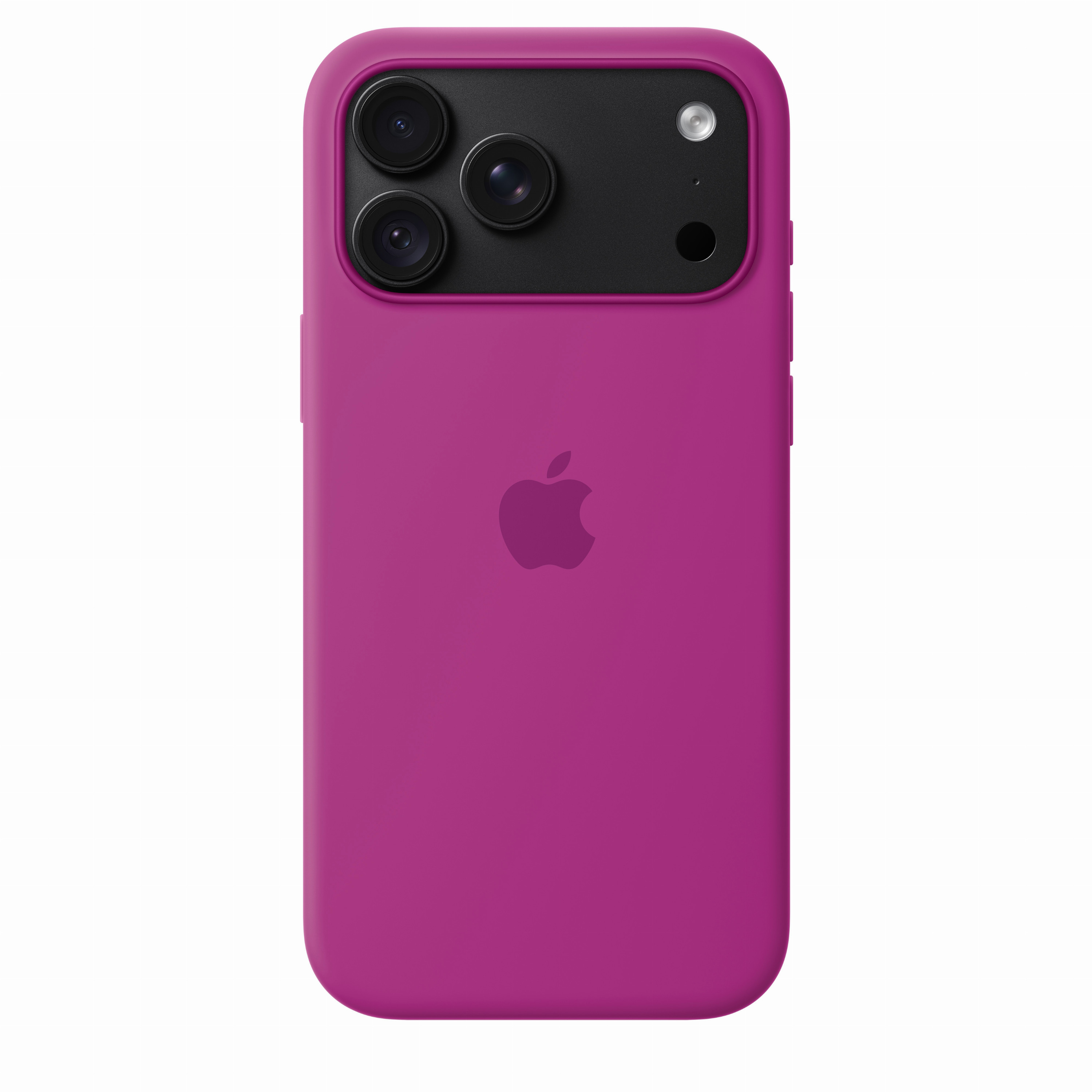 Eine rosa iPhone-Hülle mit schwarzem Kamerafeld, drei Objektiven, Blitz und Apple-Logo.