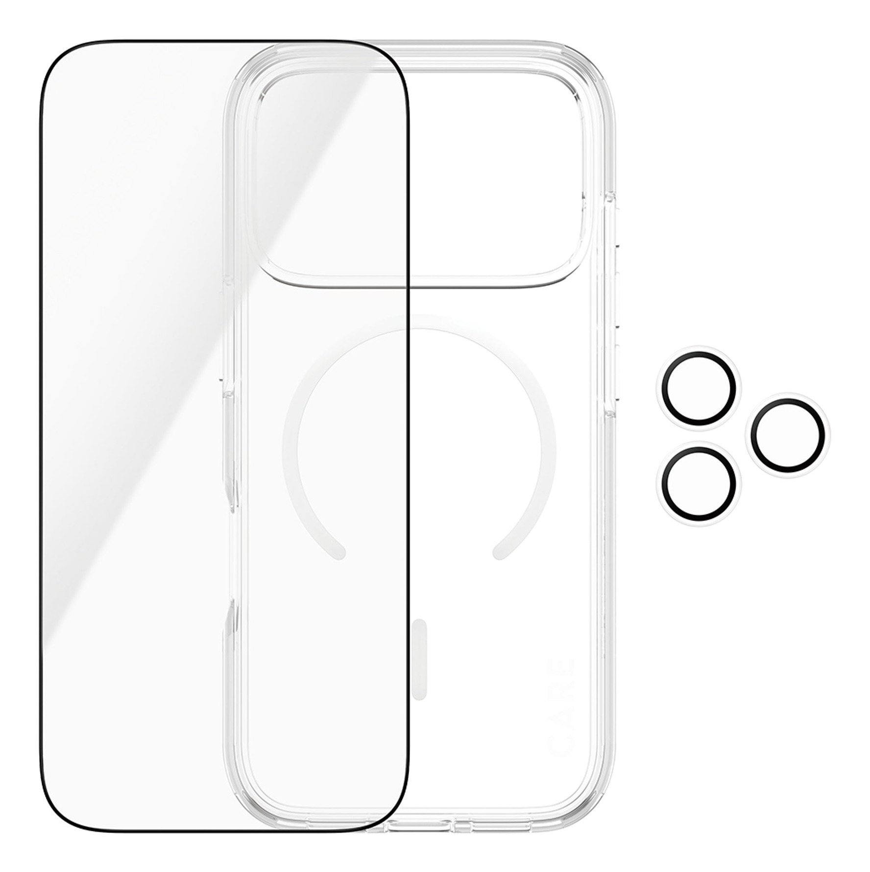 Beyaz arka planda ekran koruyucu ve üç yuvarlak lens koruyucu halkalı şeffaf telefon kılıfı.