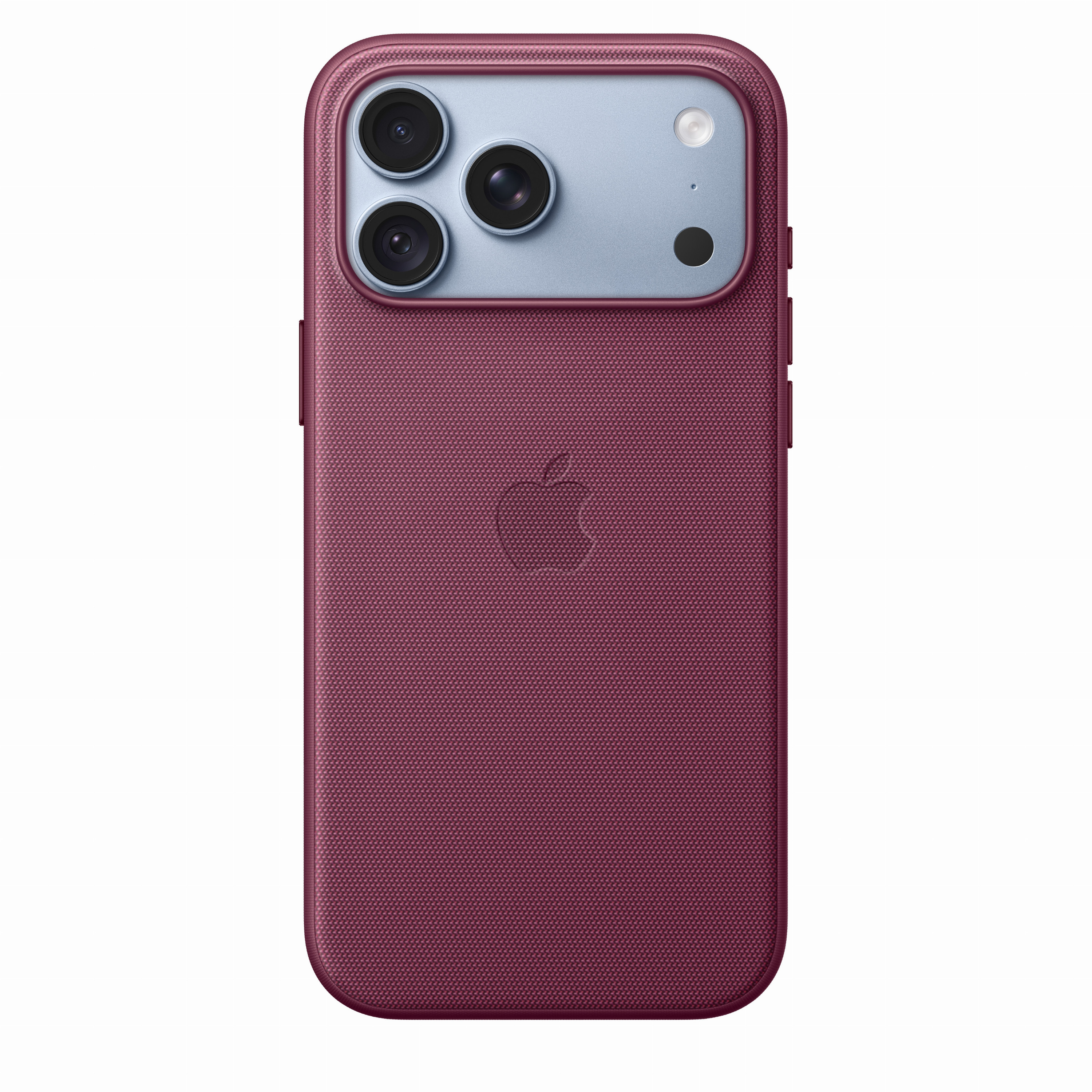 Retro di uno smartphone rosso in custodia intrecciata, con logo Apple e tripla fotocamera.