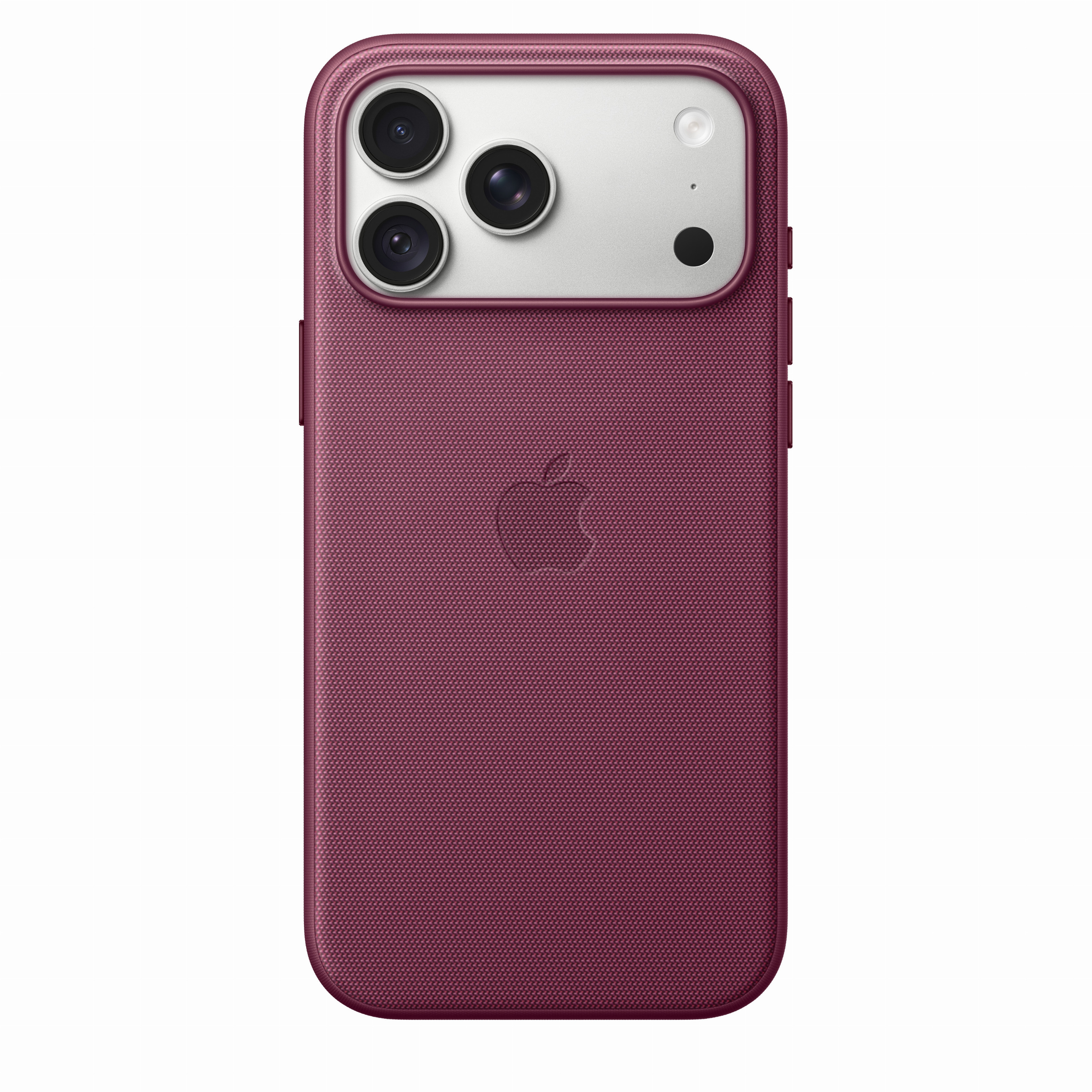 Retro di uno smartphone rosso con cover intrecciata, logo Apple e tripla fotocamera in alto.