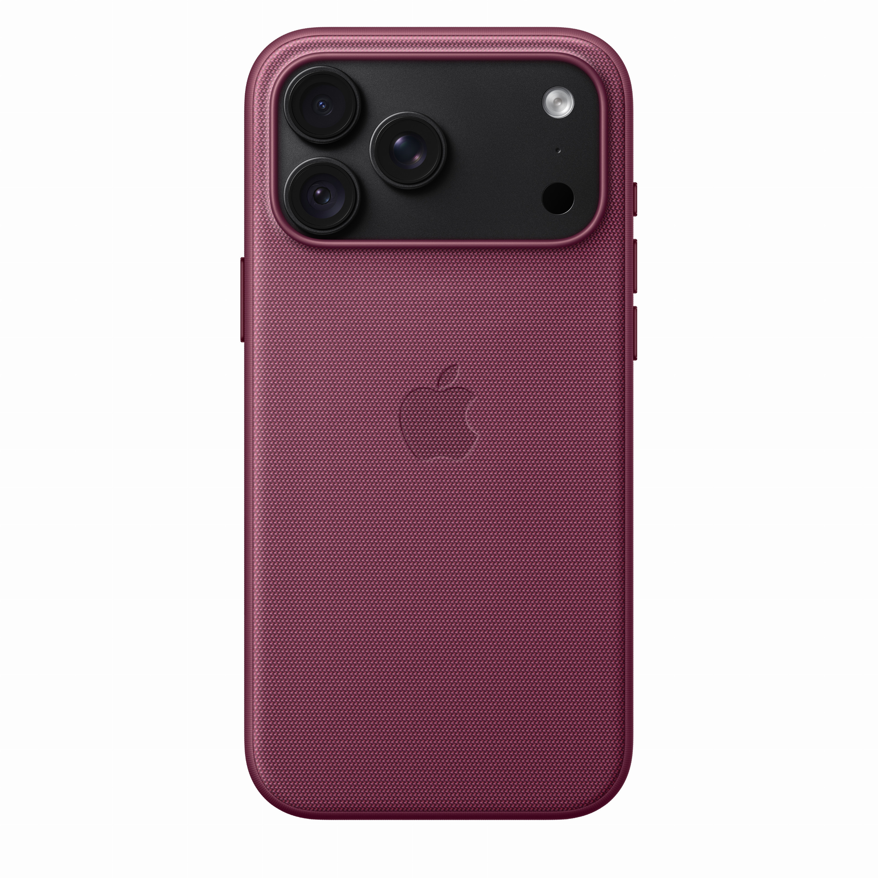 Retro di uno smartphone rosso in custodia intrecciata, con logo Apple e tre obiettivi fotografici.