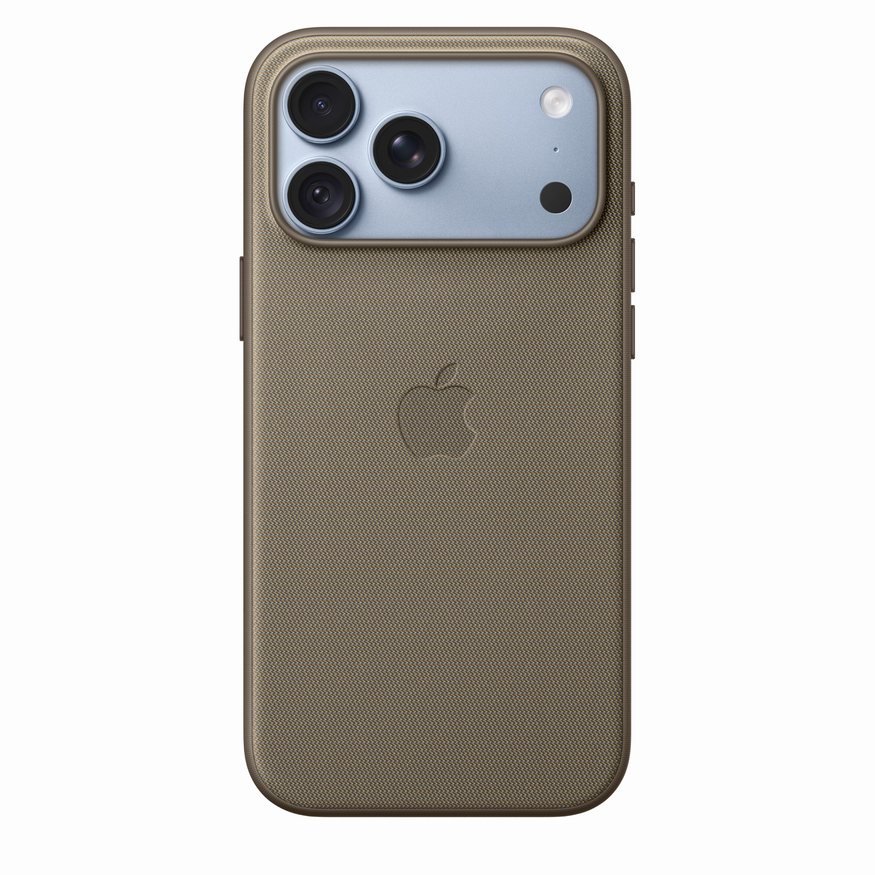 Dos d'un smartphone dans une coque marron texturée avec triple capteur photo et logo Apple.