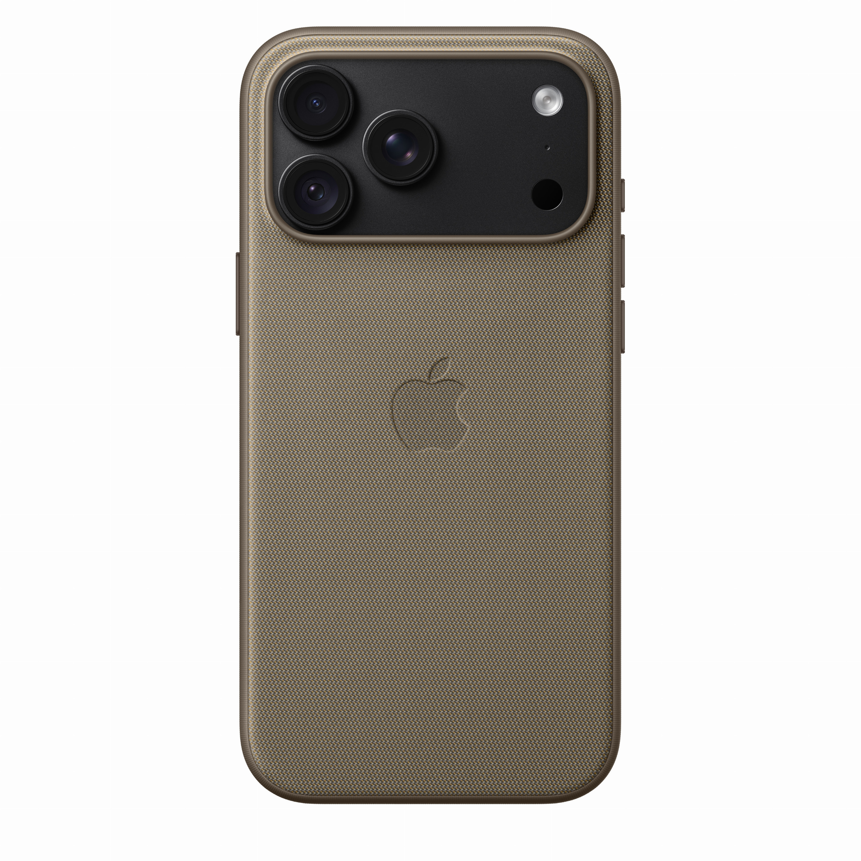 Dos d'un smartphone dans une coque marron texturée avec triple appareil photo et logo Apple.