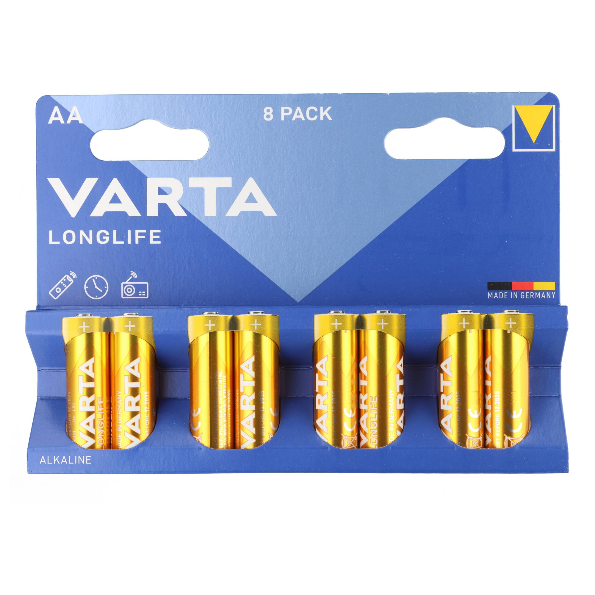 Eine blau-gelbe Varta Packung mit acht AA Longlife Alkaline Batterien.