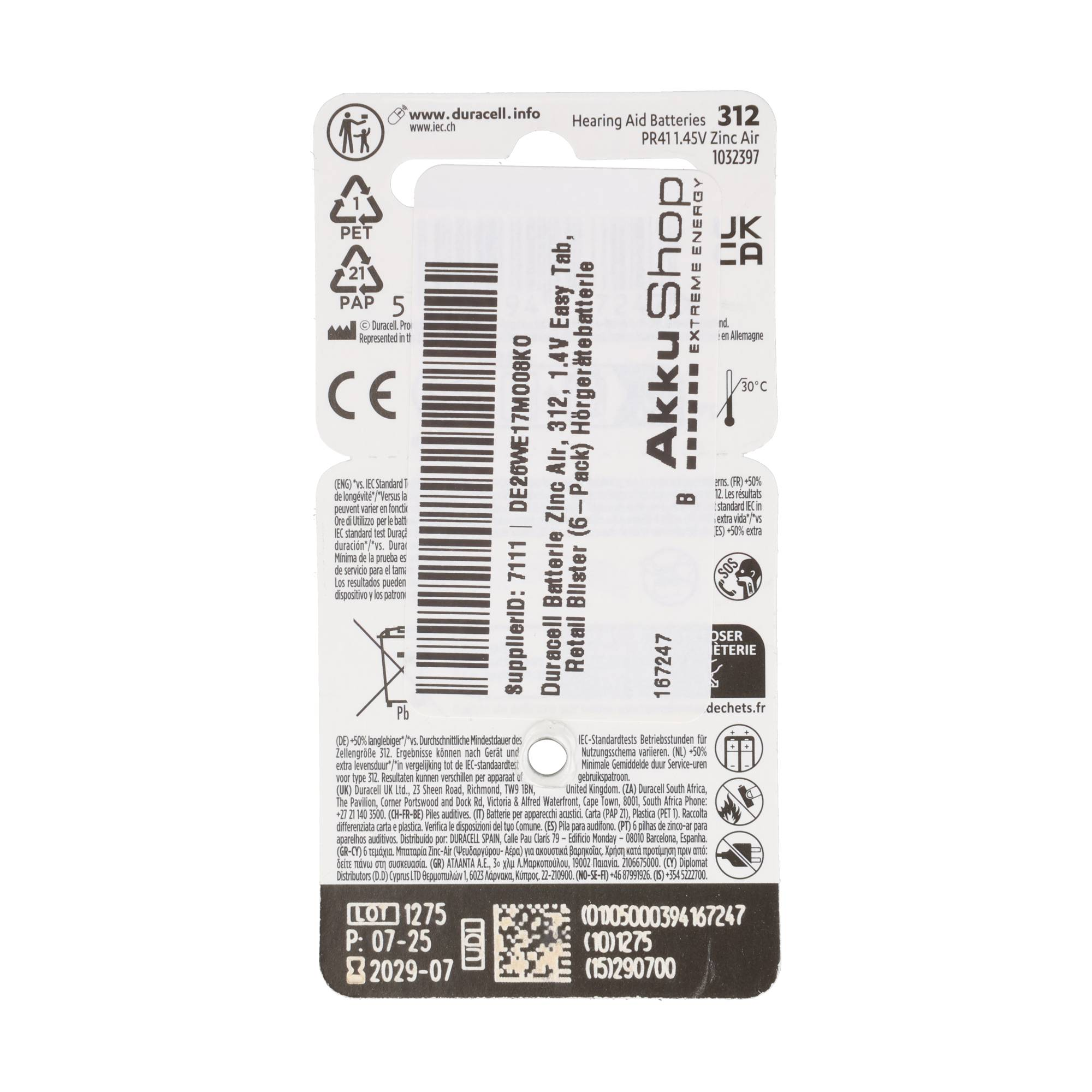 Retro della confezione di batterie per apparecchi acustici Duracell con codice a barre.
