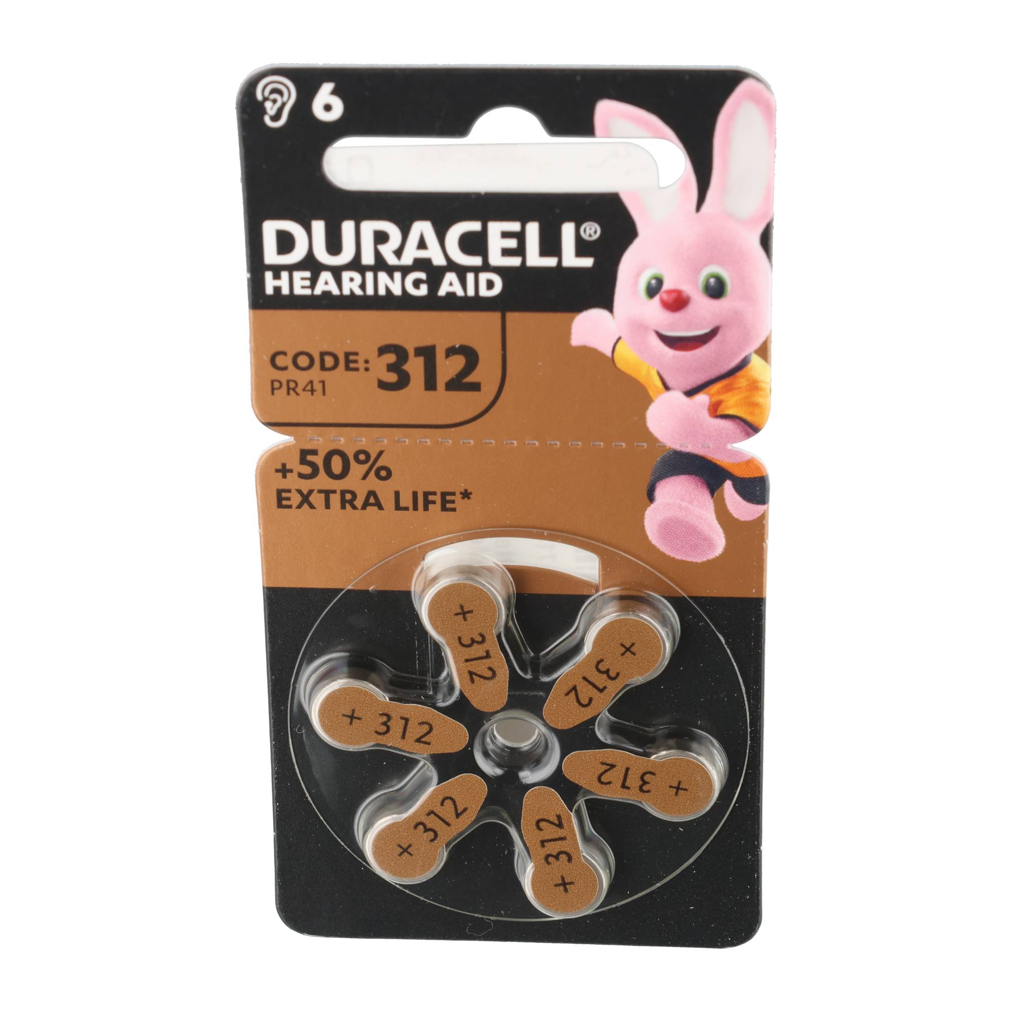 Batterie per apparecchi acustici Duracell misura 312 in confezione nera e marrone con la mascotte rosa.