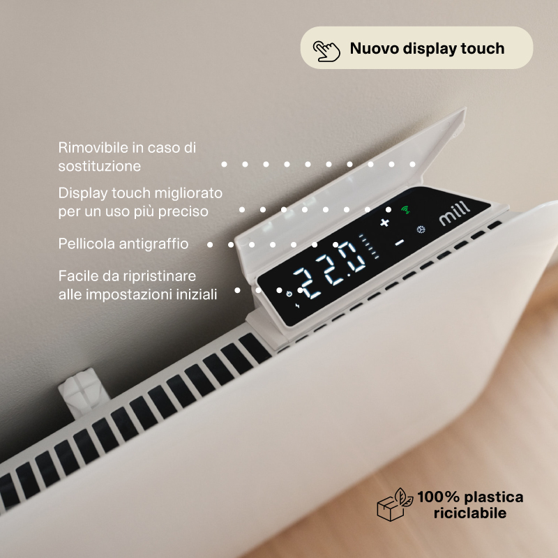 Termoconvettore elettrico Mill bianco con display touch digitale che mostra 22,0 gradi e didascalie.