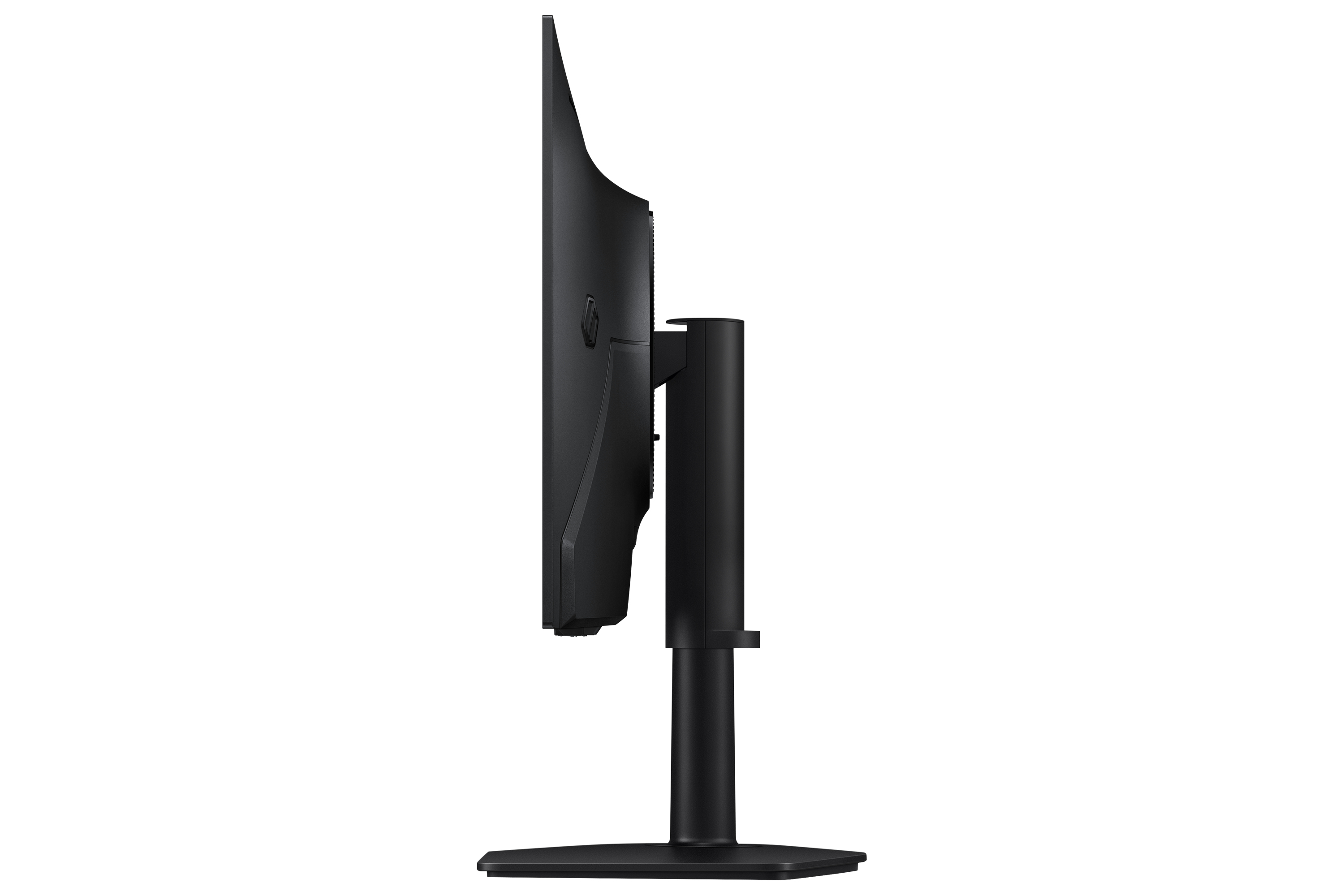 Vista laterale di un monitor per computer nero con supporto regolabile su sfondo bianco.
