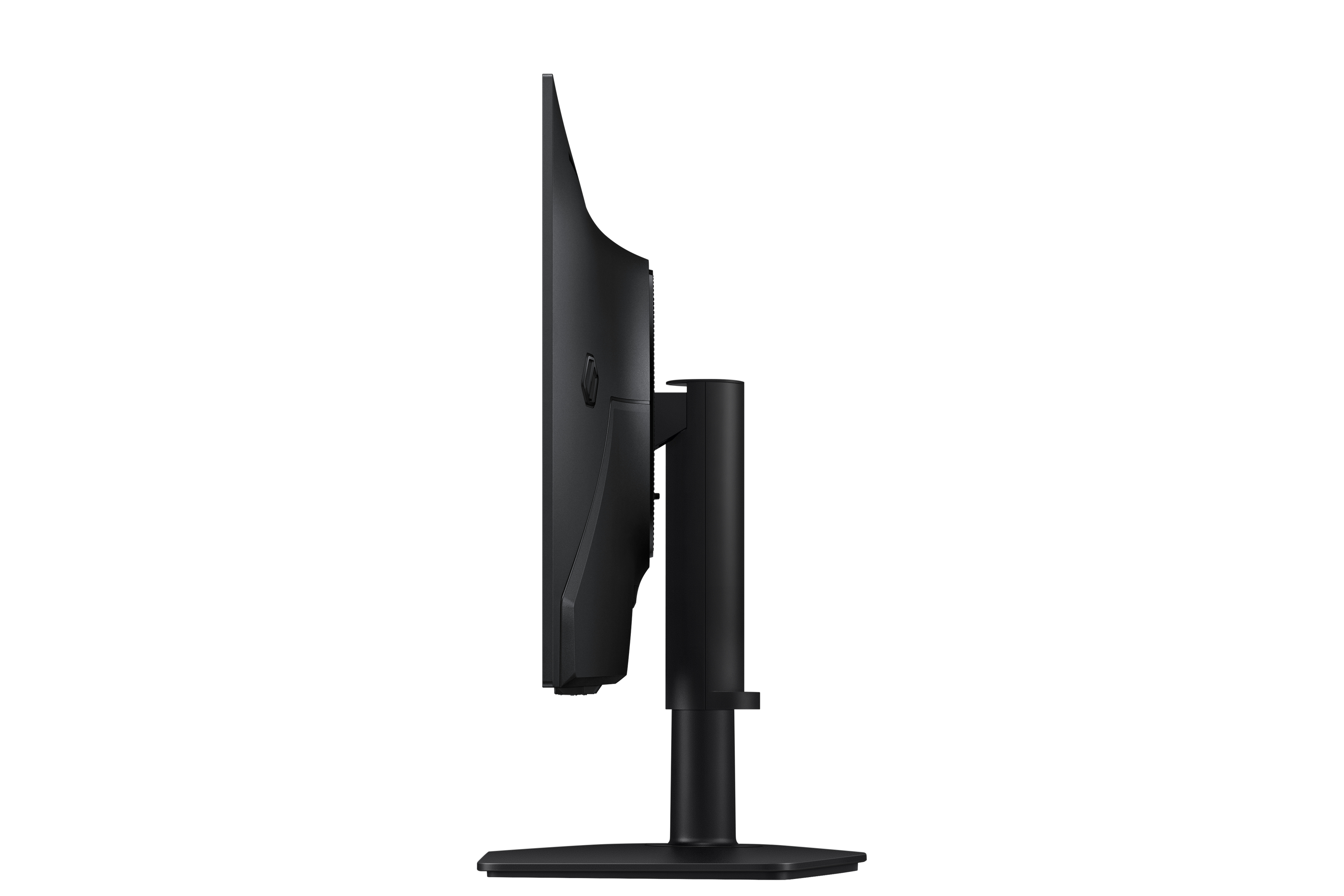 Vista laterale di un monitor per computer nero su supporto regolabile, isolato su sfondo bianco.
