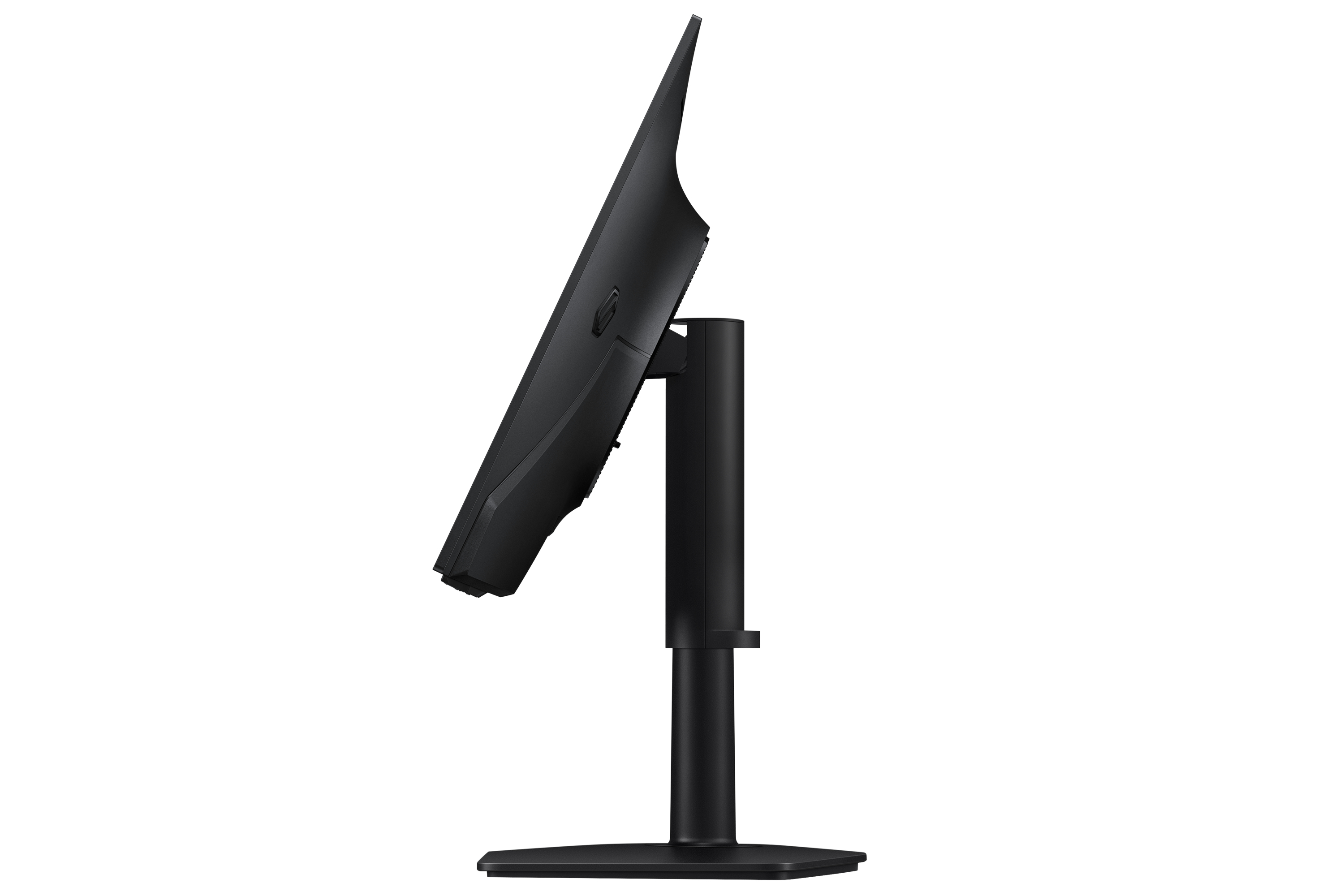Vista laterale di un monitor per computer nero con supporto regolabile su sfondo bianco.