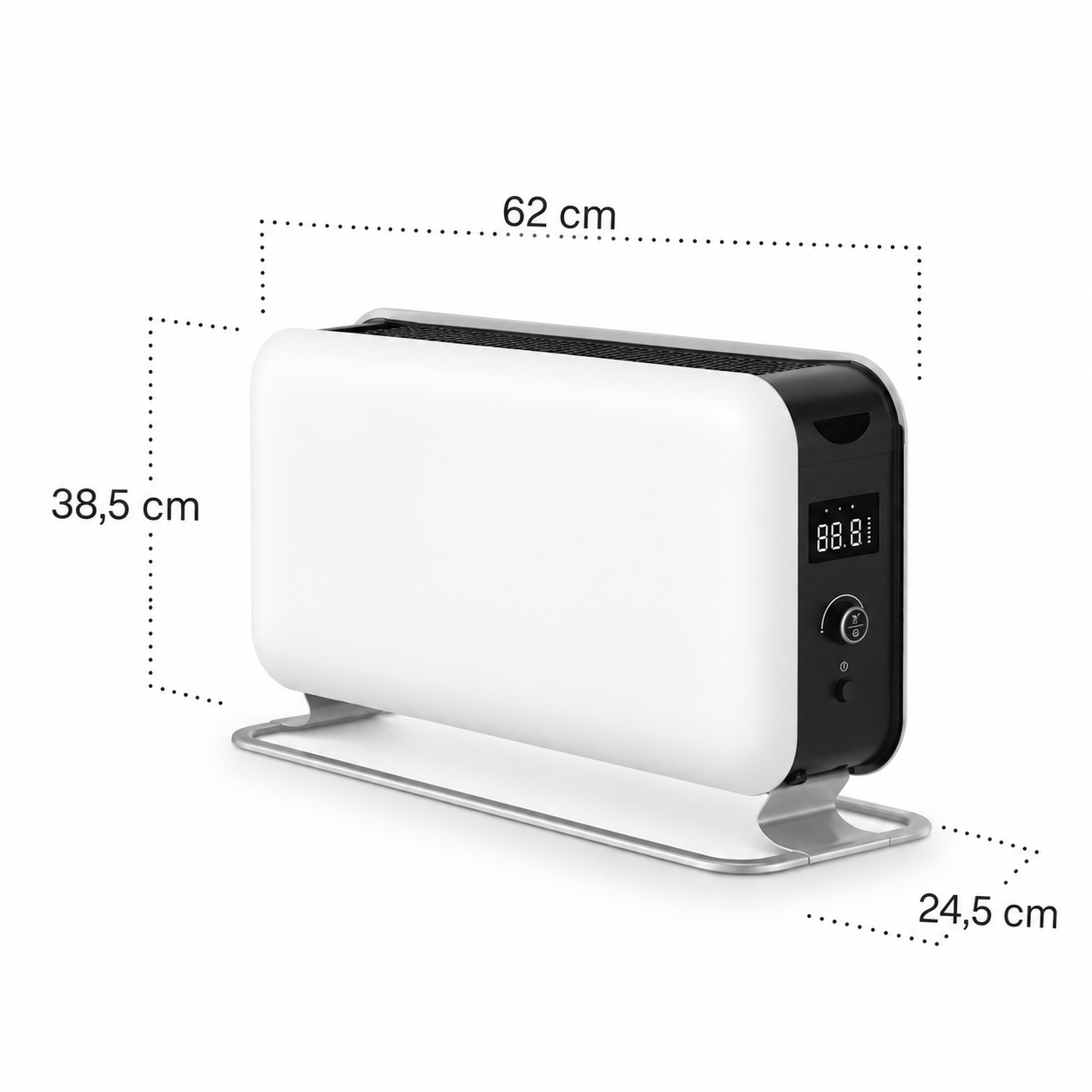 Termoventilatore bianco e nero con dimensioni 62 cm di larghezza, 38,5 cm di altezza e 24,5 cm di profondità.
