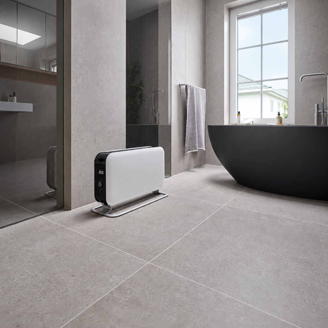 Una stufetta bianca su piastrelle grigie in un bagno moderno con vasca nera.