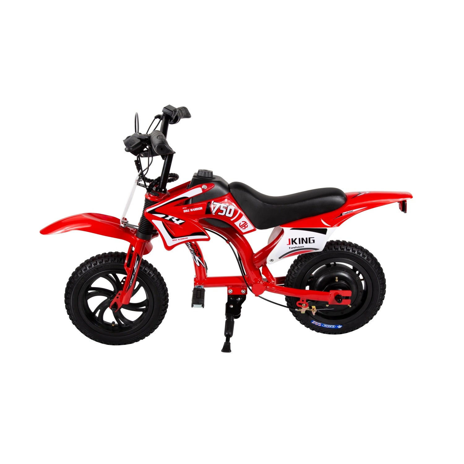 Una balance bike per bambini rossa e nera progettata come una minimoto, su un cavalletto.