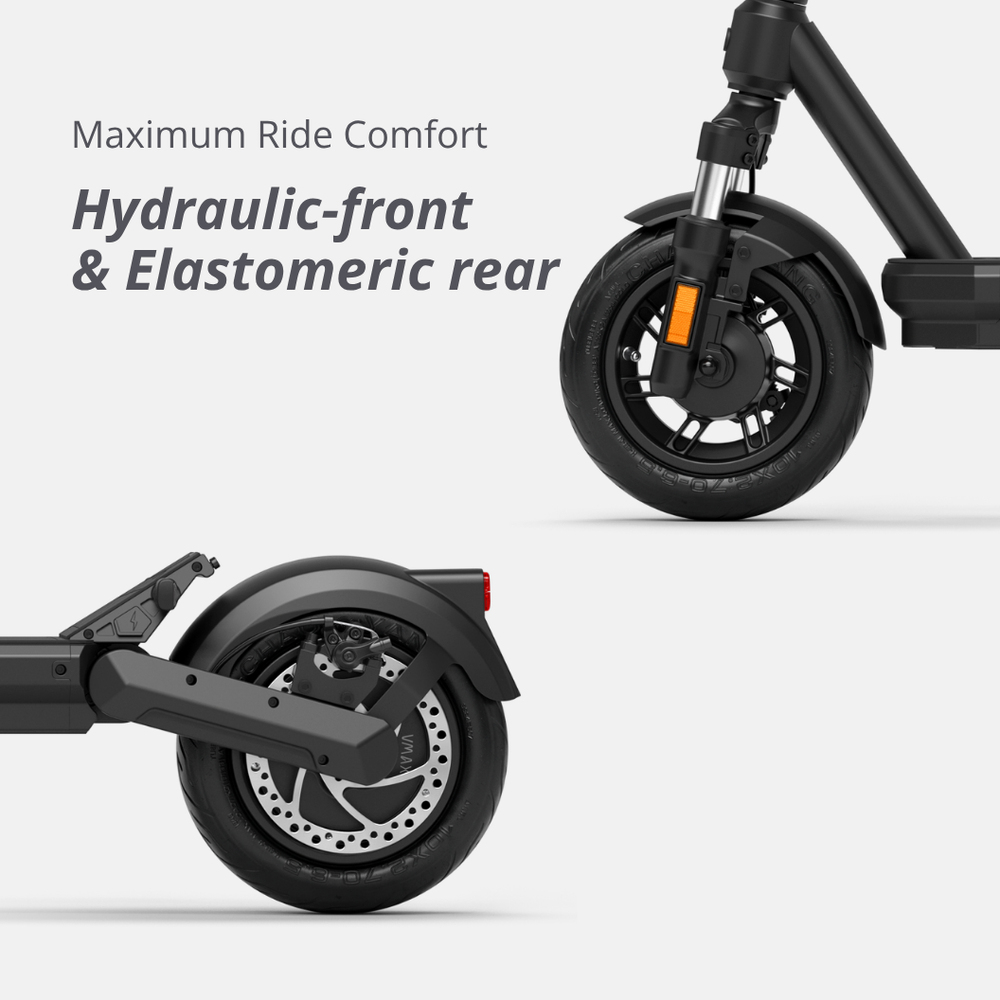 Gros plan d'une trottinette électrique noire montrant sa fourche avant hydraulique et sa suspension arrière.