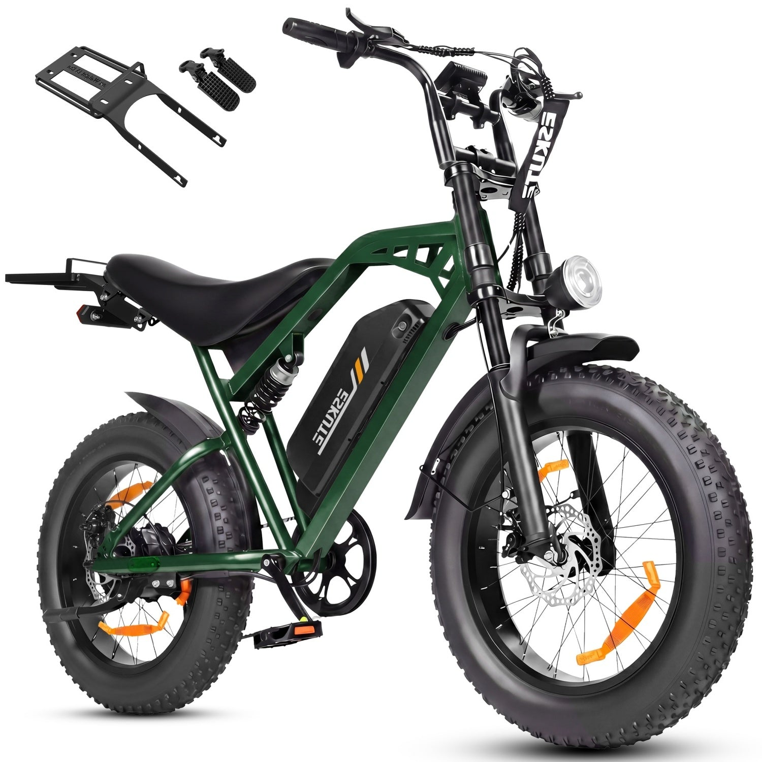 Bici elettrica verde con pneumatici larghi, batteria sul telaio e accessori in alto a sinistra.