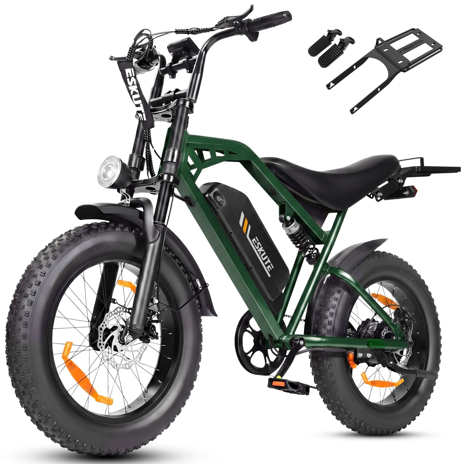 Bicicletta elettrica verde Eskute con gomme larghe, batteria sul telaio, faro anteriore e accessori separati.