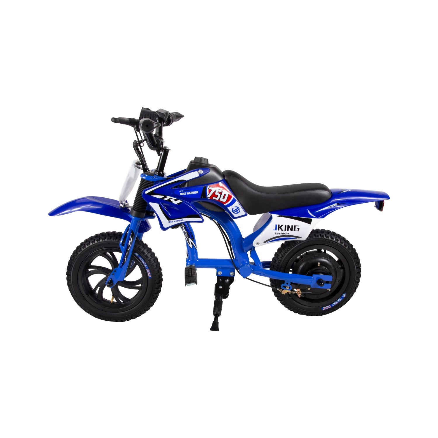 Una moto da cross blu per bambini con ruote nere e dettagli bianchi su sfondo bianco.