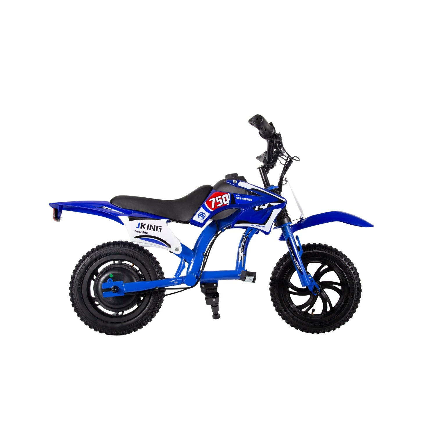 Una bicicletta da cross blu per bambini con pneumatici neri e adesivi su sfondo bianco.