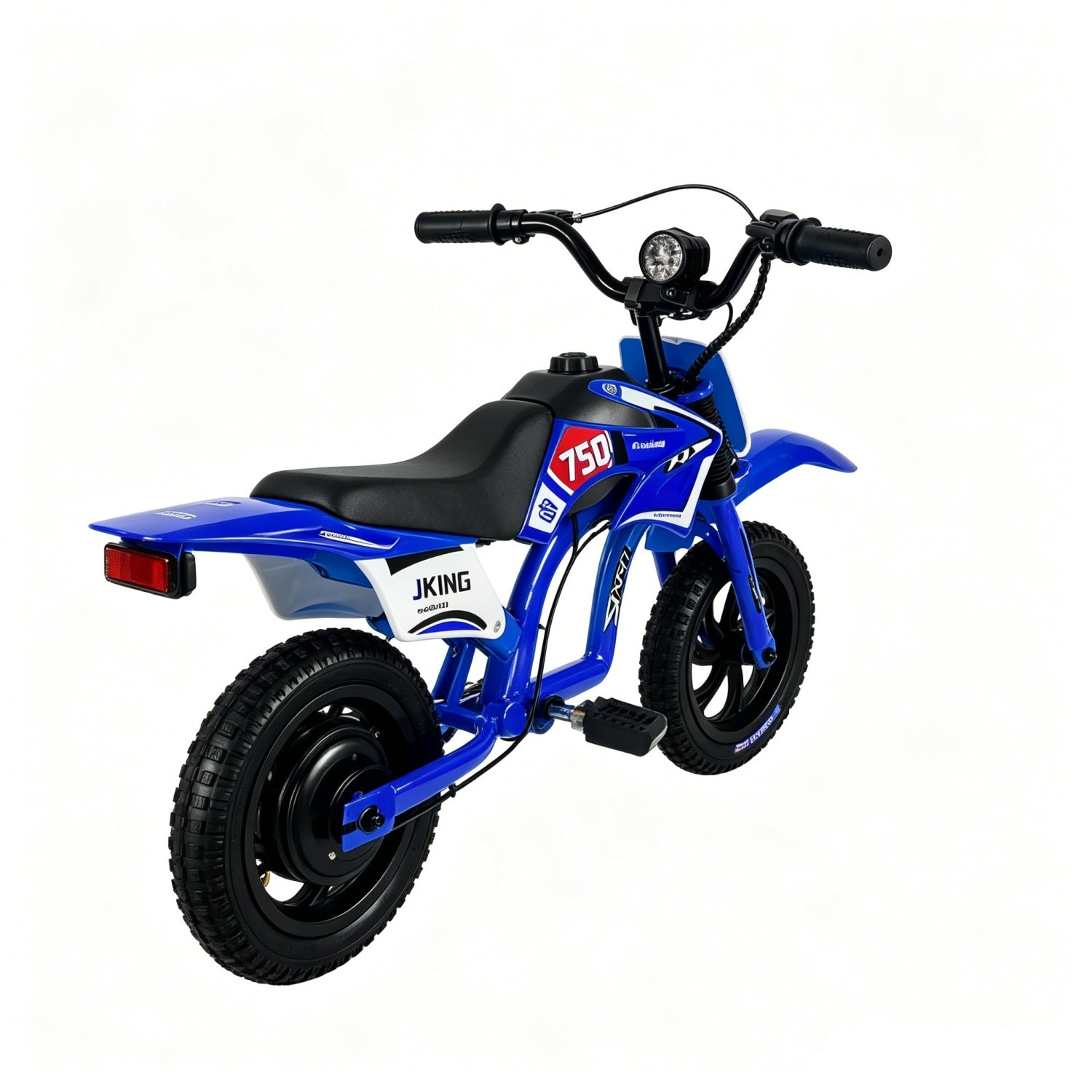 Una bici senza pedali blu per bambini con sedile nero e il numero 750, su sfondo bianco.