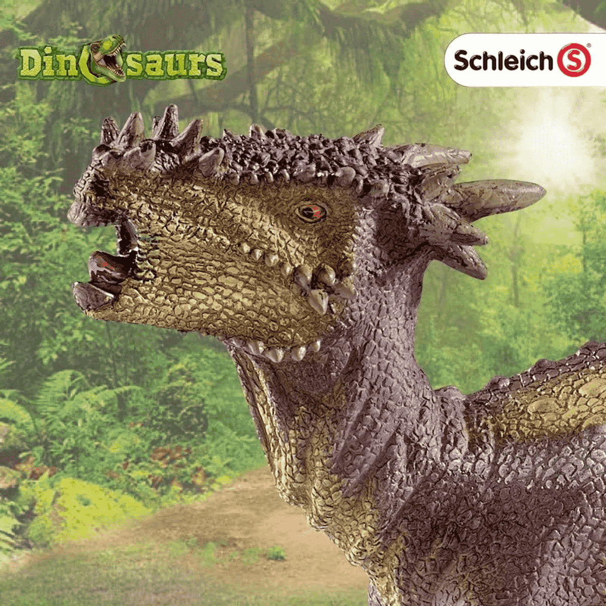 Un primer plano del juguete Dracorex de Schleich en un paisaje de jungla con la boca abierta.
