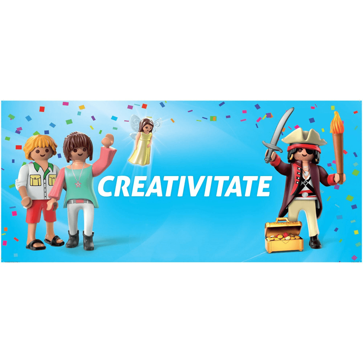 Figuras de Playmobil con un hada y un pirata sobre fondo azul con confeti y el texto CREATIVITATE.