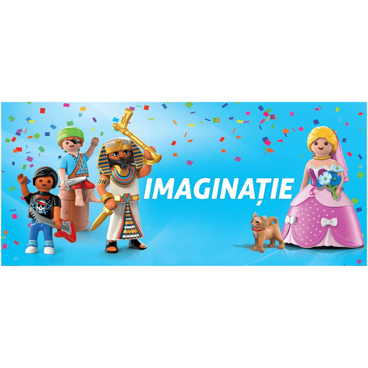 Figuras de Playmobil con un rockero, un faraón y una princesa sobre fondo azul con confeti.