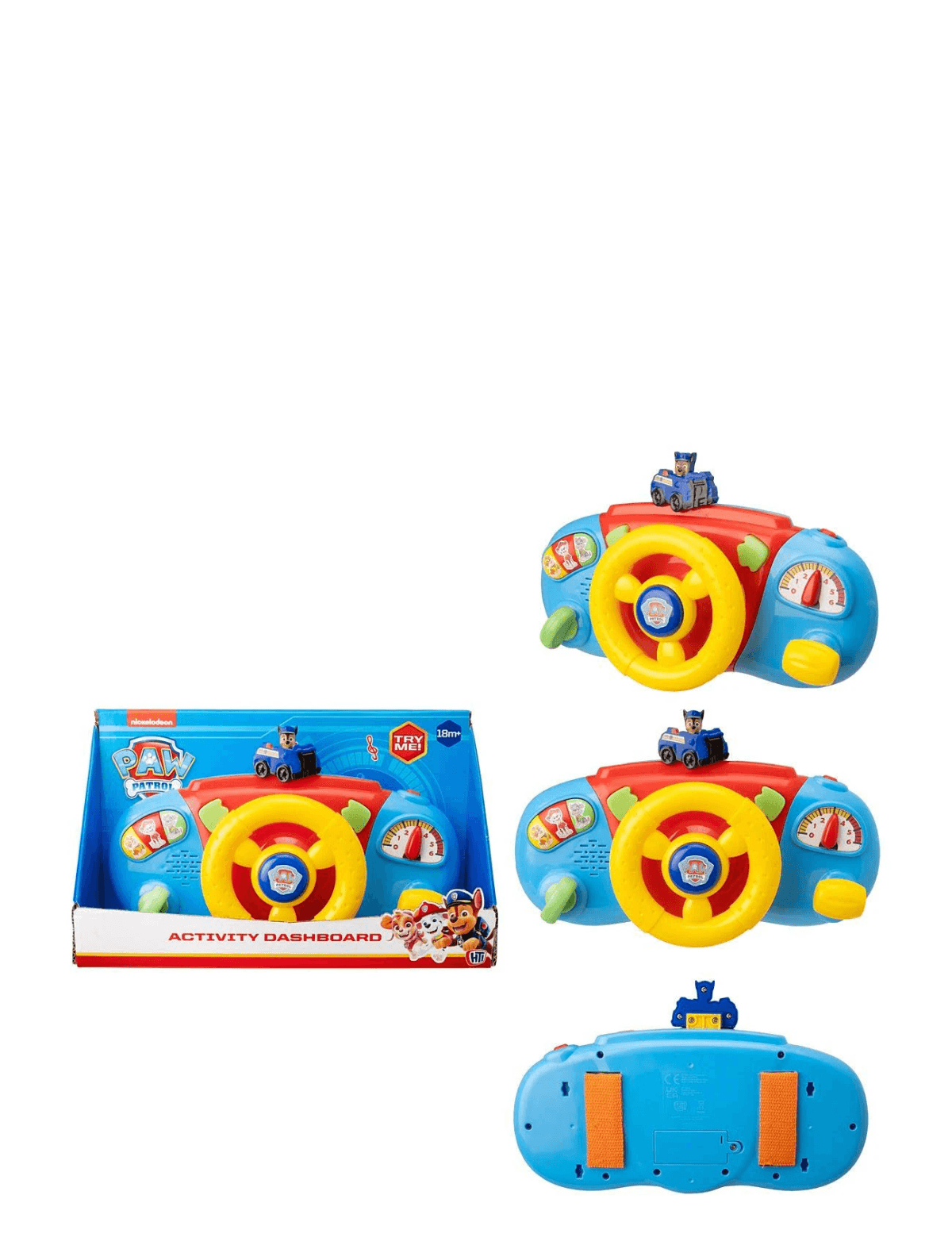 Juguete de volante de actividad Paw Patrol con diseño colorido, botones y pequeña figura.