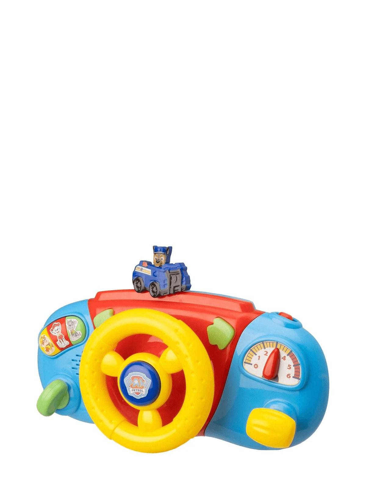 Un colorido volante de juguete de plástico de Paw Patrol con botones, un dial y un coche de policía.