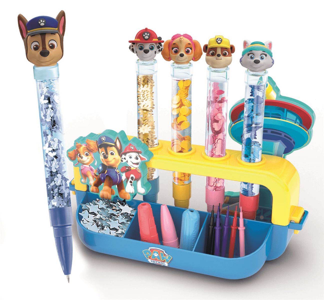 Set de manualidades de Paw Patrol con tubos de purpurina, bolígrafos de personajes y base azul.